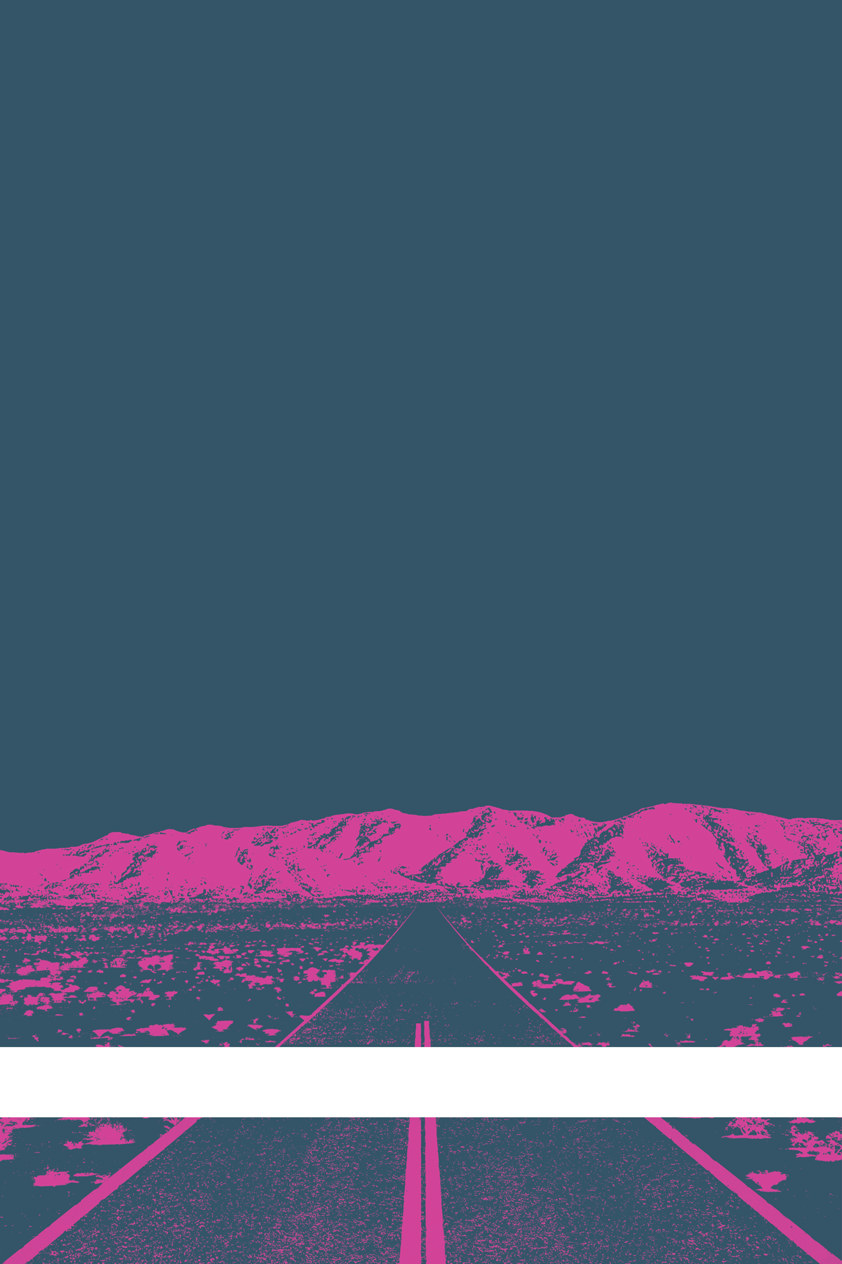 A view of Mercury Valley, Nevada, facing toward the northwest. The composition is rendered in dark grayish blue and pink. A prominent white line stretches across the composition near the bottom of the view.