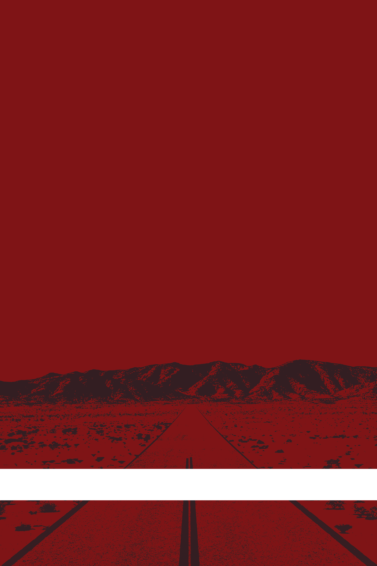 A view of Mercury Valley, Nevada, facing toward the northwest. The composition is rendered in red and gray. A prominent white line stretches across the composition near the bottom of the view.