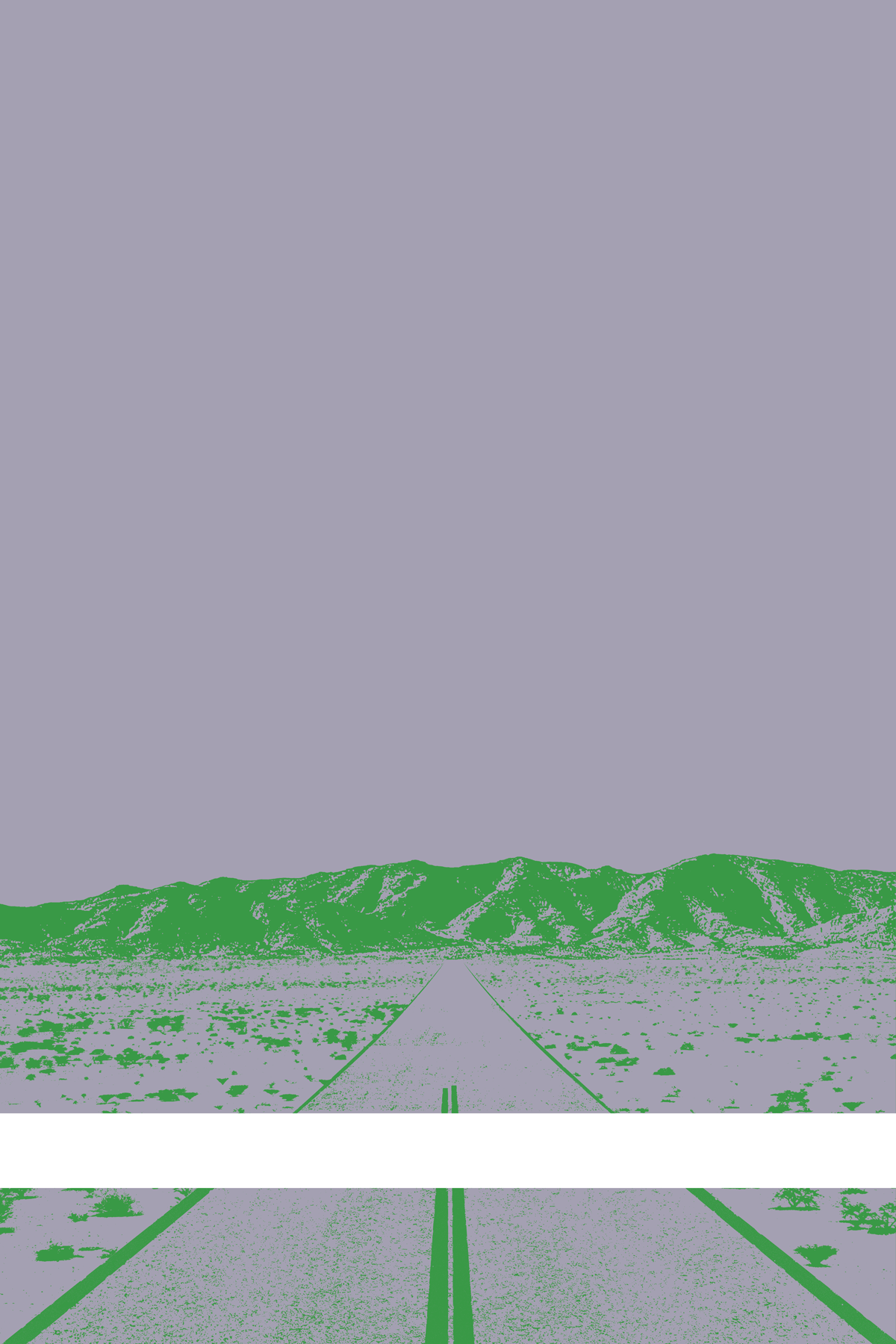 A view of Mercury Valley, Nevada, facing toward the northwest. The composition is rendered in gray and green. A prominent white line stretches across the composition near the bottom of the view.