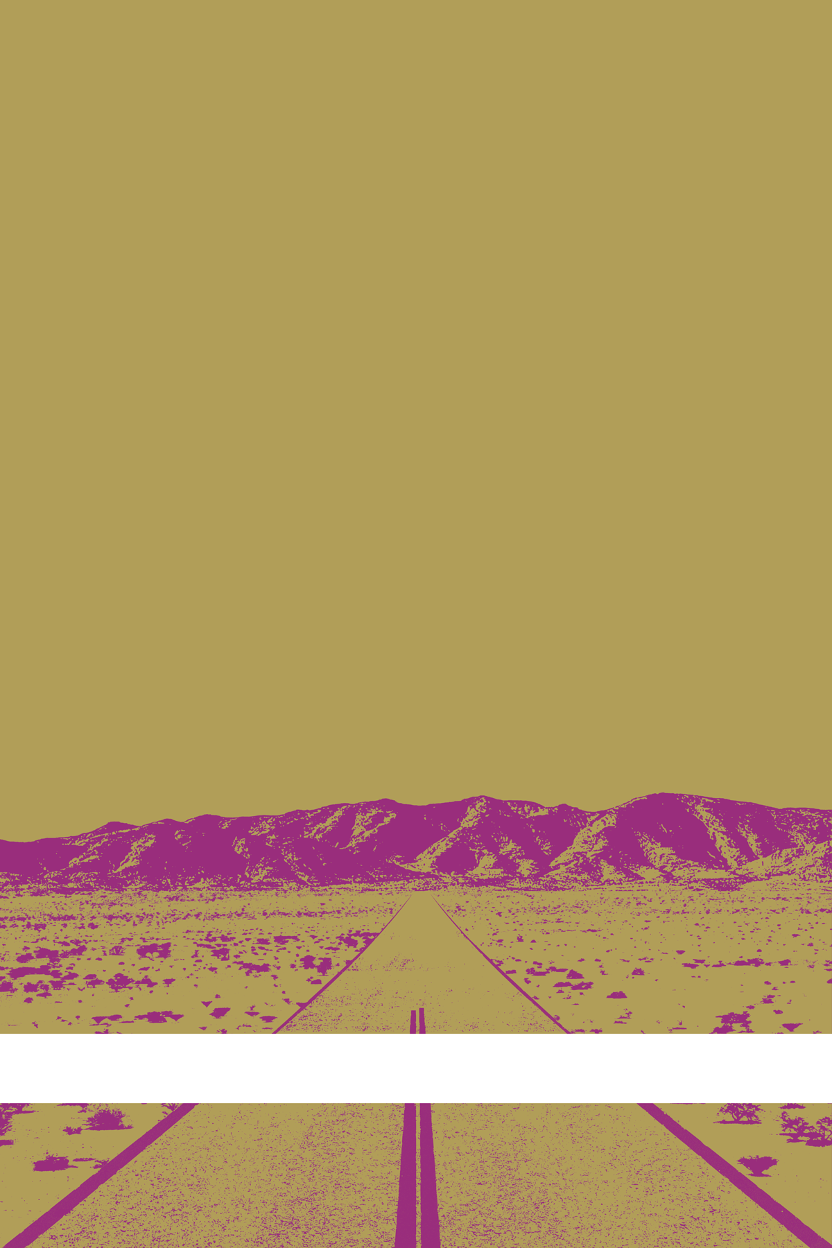 A view of Mercury Valley, Nevada, facing toward the northwest. The composition is rendered in brown and purple. A prominent white line stretches across the composition near the bottom of the view.