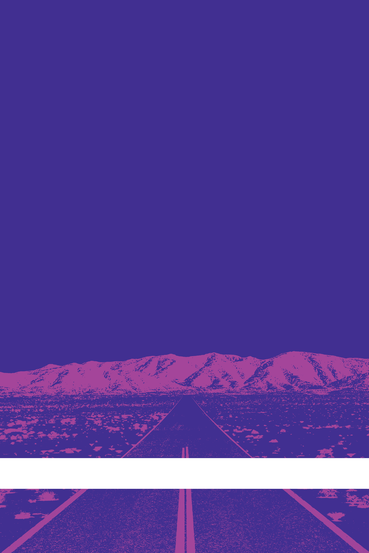 A view of Mercury Valley, Nevada, facing toward the northwest. The composition is rendered in blue and light purple. A prominent white line stretches across the composition near the bottom of the view.