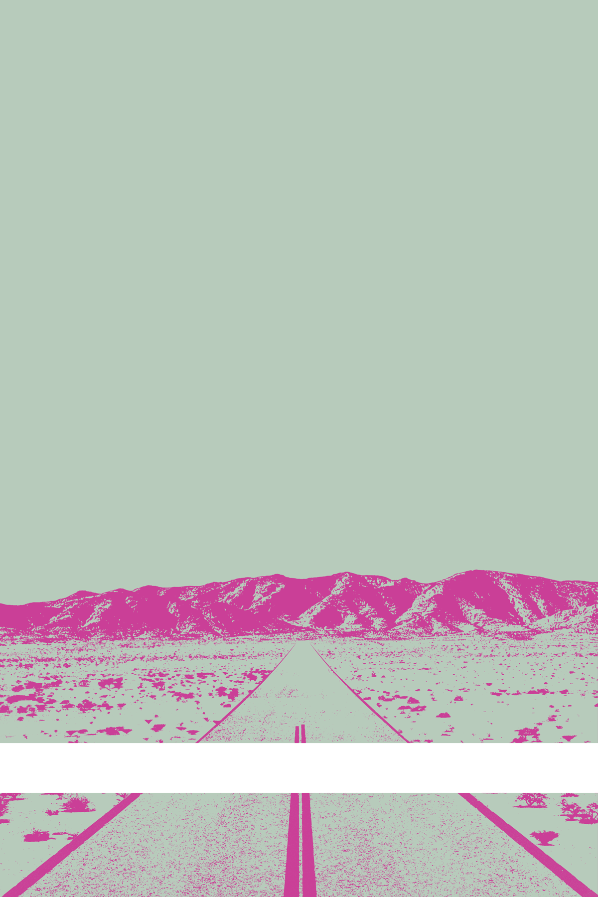 A view of Mercury Valley, Nevada, facing toward the northwest. The composition is rendered in light grayish green and purple. A prominent white line stretches across the composition near the bottom of the view.