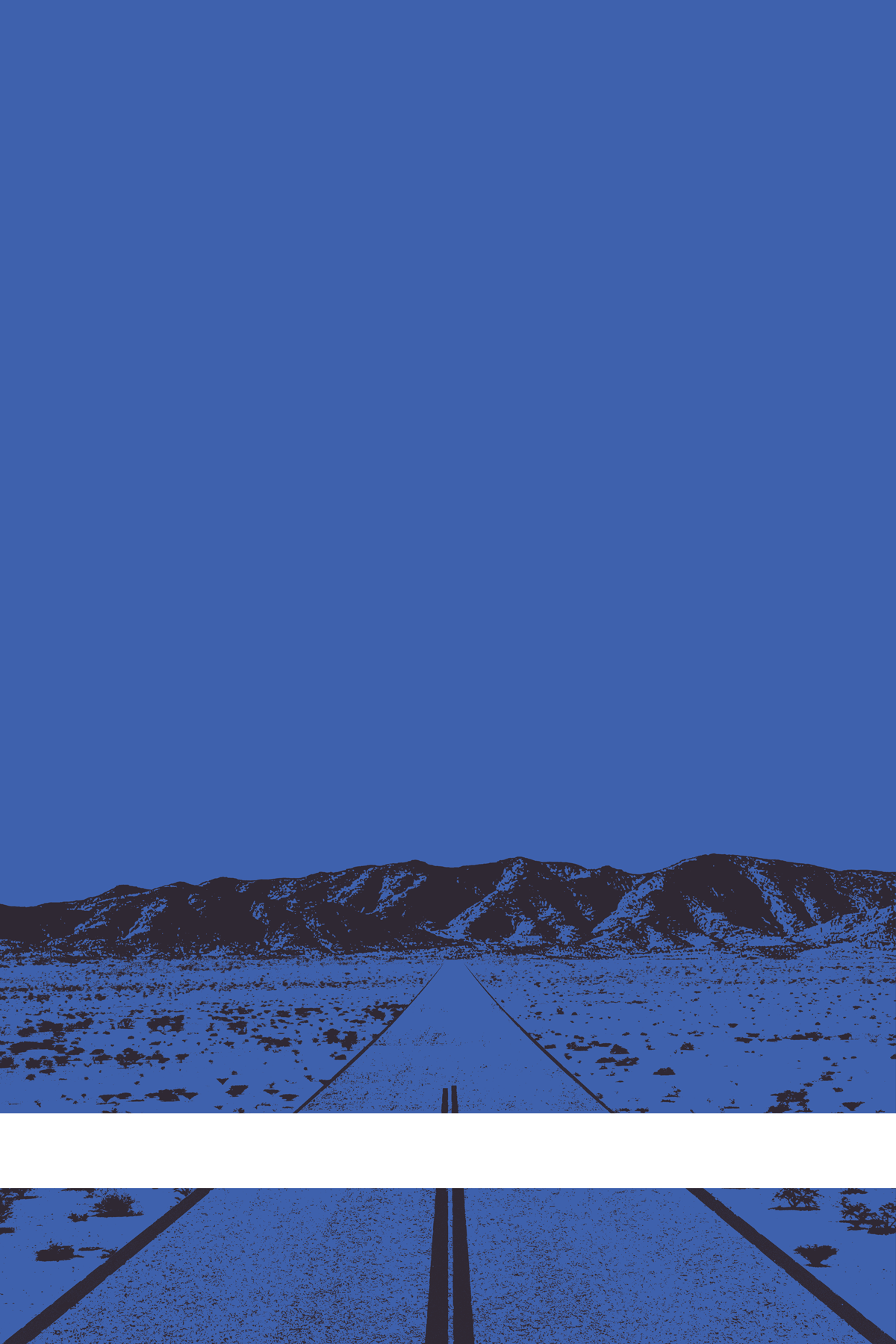 A view of Mercury Valley, Nevada, facing toward the northwest. The composition is rendered in blue and brown. A prominent white line stretches across the composition near the bottom of the view.