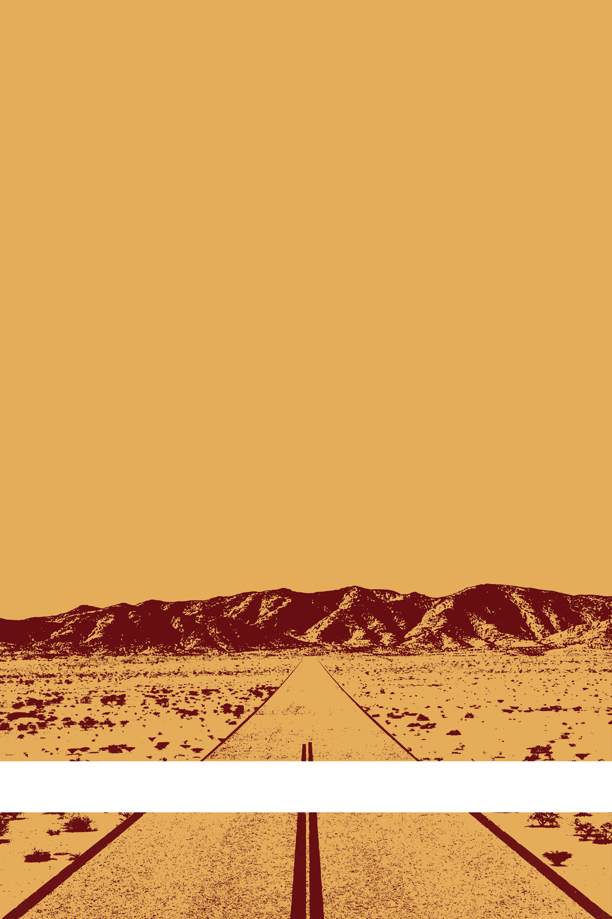 A view of Mercury Valley, Nevada, facing toward the northwest. The composition is rendered in light orange and dark brown. A prominent white line stretches across the composition near the bottom of the view.