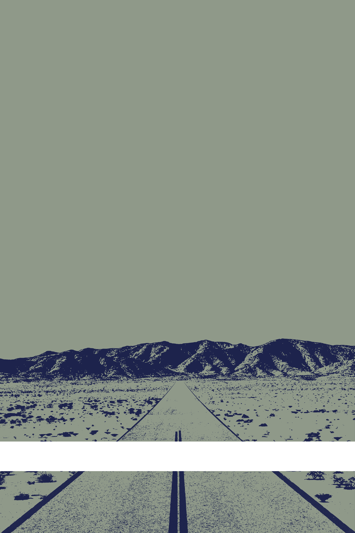 A view of Mercury Valley, Nevada, facing toward the northwest. The composition is rendered in light grayish green and dark blue. A prominent white line stretches across the composition near the bottom of the view.