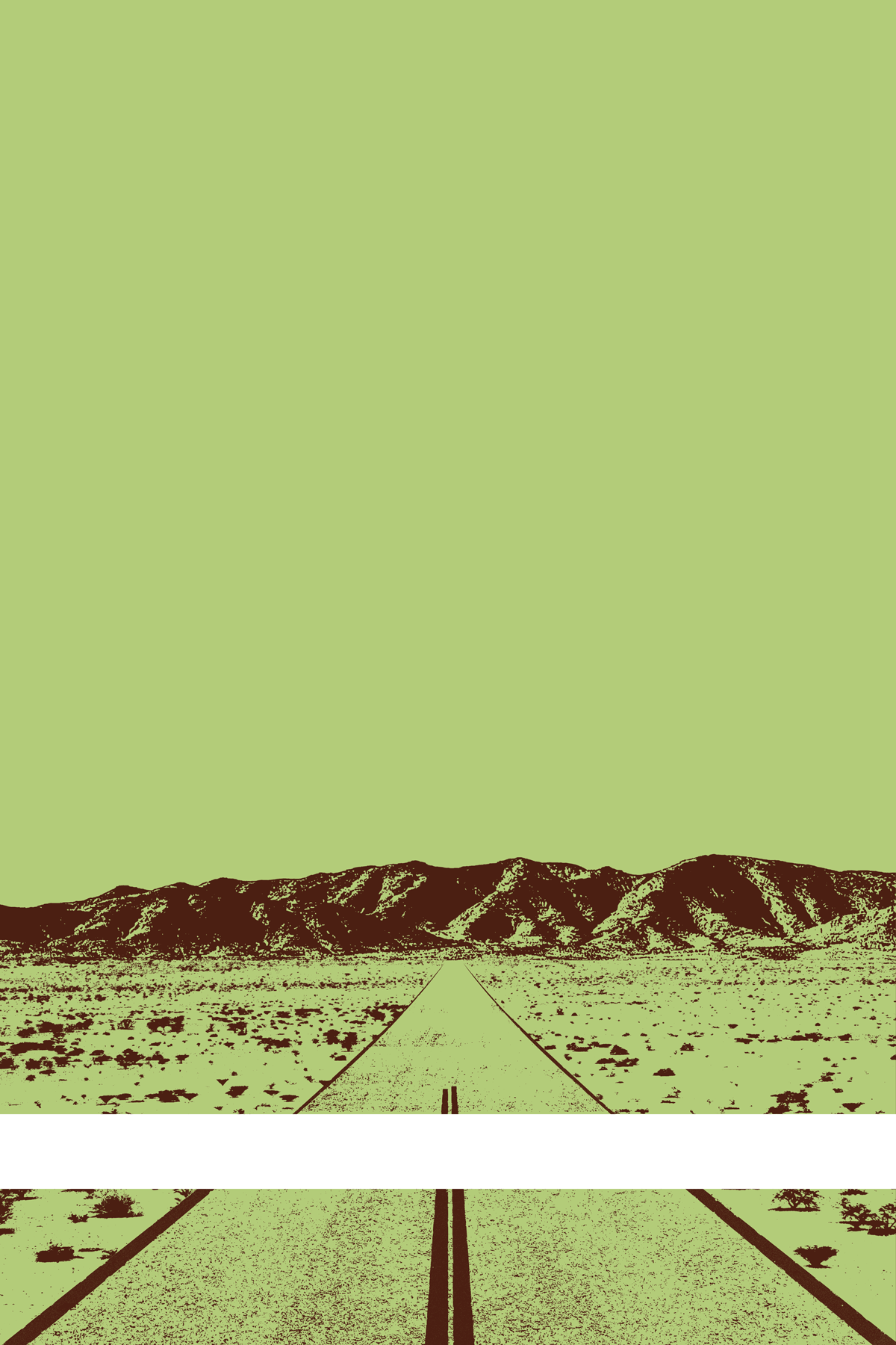 A view of Mercury Valley, Nevada, facing toward the northwest. The composition is rendered in light green and brown. A prominent white line stretches across the composition near the bottom of the view.