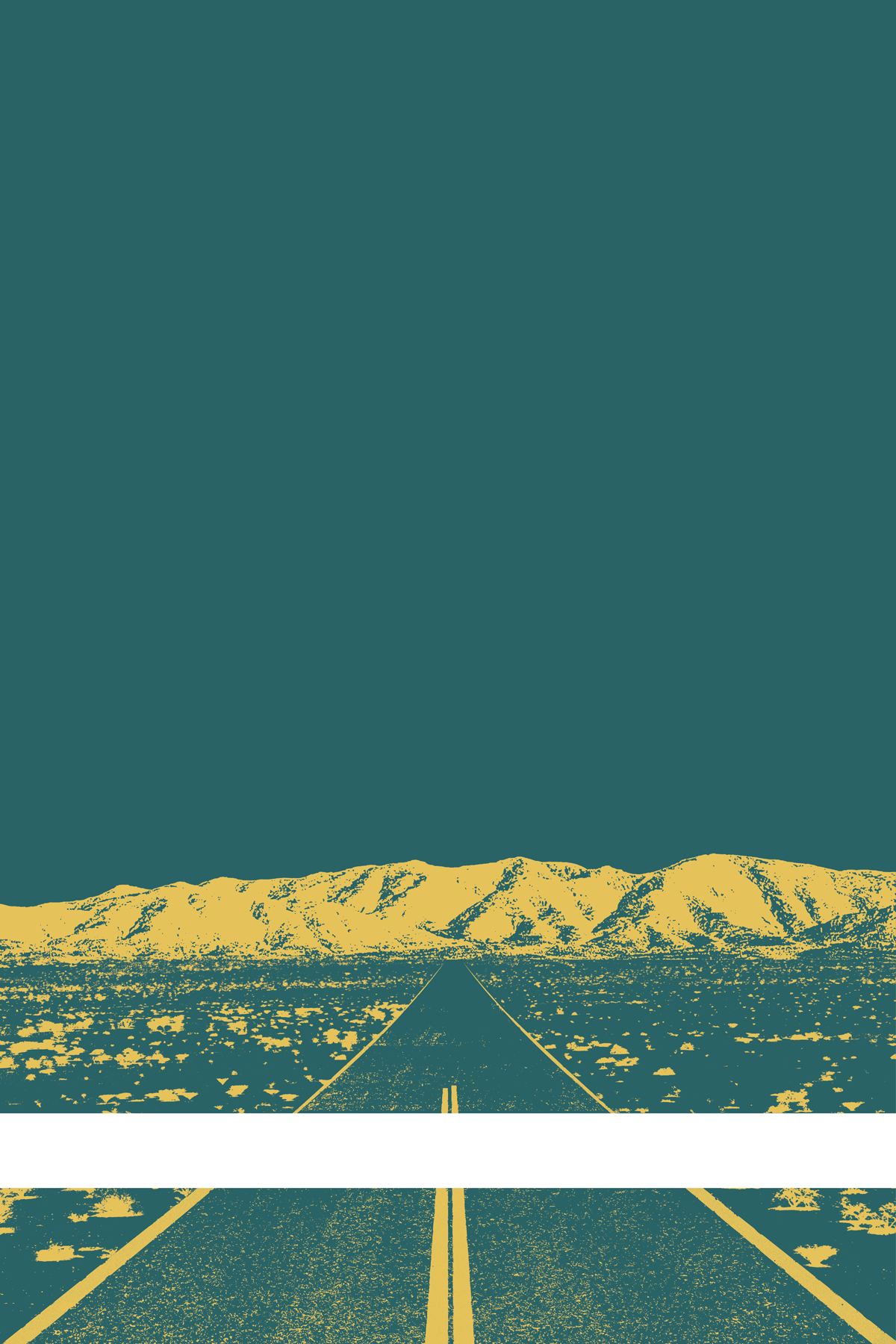 A view of Mercury Valley, Nevada, facing toward the northwest. The composition is rendered in dark blue-green and yellow. A prominent white line stretches across the composition near the bottom of the view.