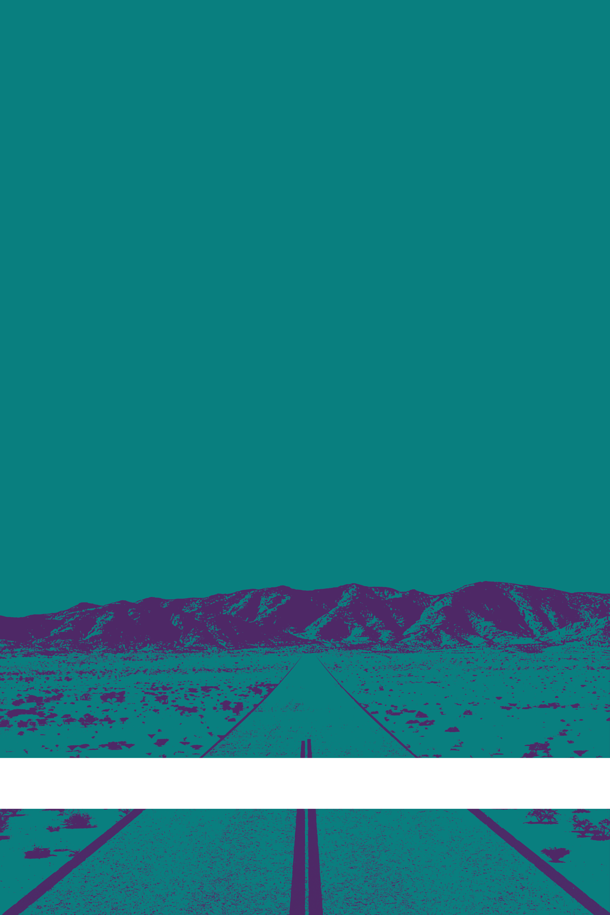 A view of Mercury Valley, Nevada, facing toward the northwest. The composition is rendered in blue and dark purple. A prominent white line stretches across the composition near the bottom of the view.