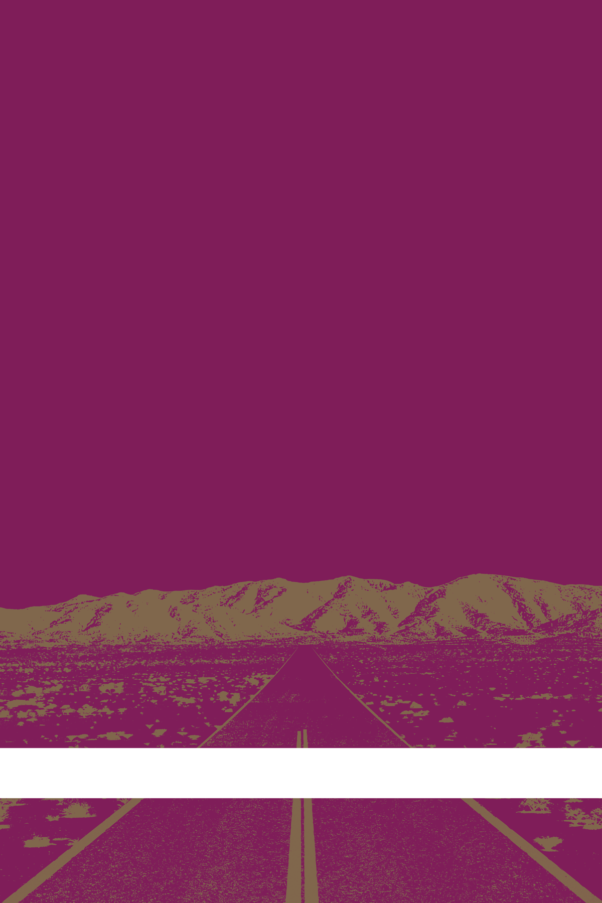 A view of Mercury Valley, Nevada, facing toward the northwest. The composition is rendered in purple and yellow-gray. A prominent white line stretches across the composition near the bottom of the view.