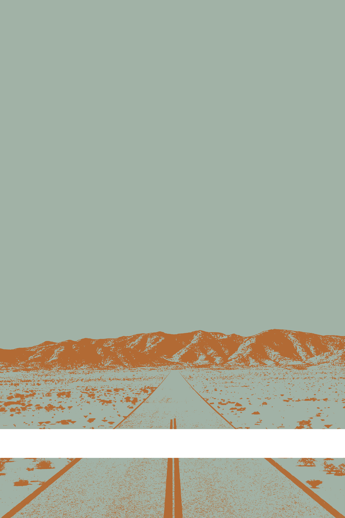 A view of Mercury Valley, Nevada, facing toward the northwest. The composition is rendered in gray and dark orange. A prominent white line stretches across the composition near the bottom of the view.