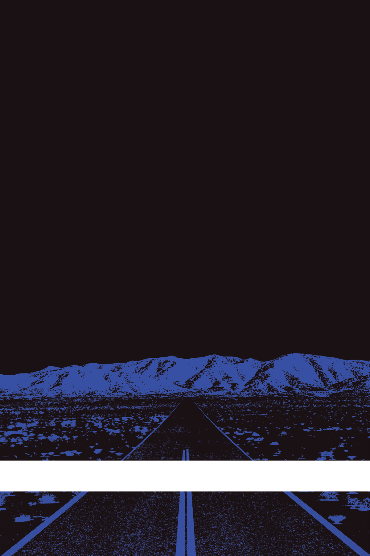 A view of Mercury Valley, Nevada, facing toward the northwest. The composition is rendered in black and blue. A prominent white line stretches across the composition near the bottom of the view.