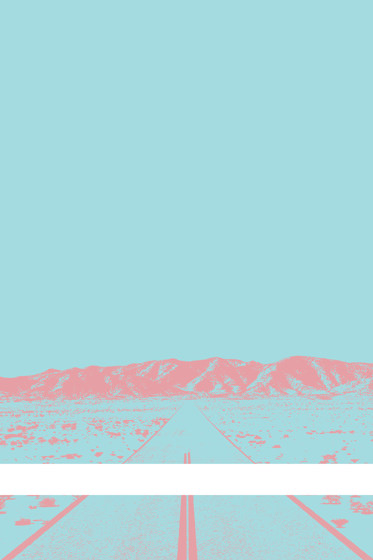 A view of Mercury Valley, Nevada, facing toward the northwest. The composition is rendered in light blue and pink. A prominent white line stretches across the composition near the bottom of the view.