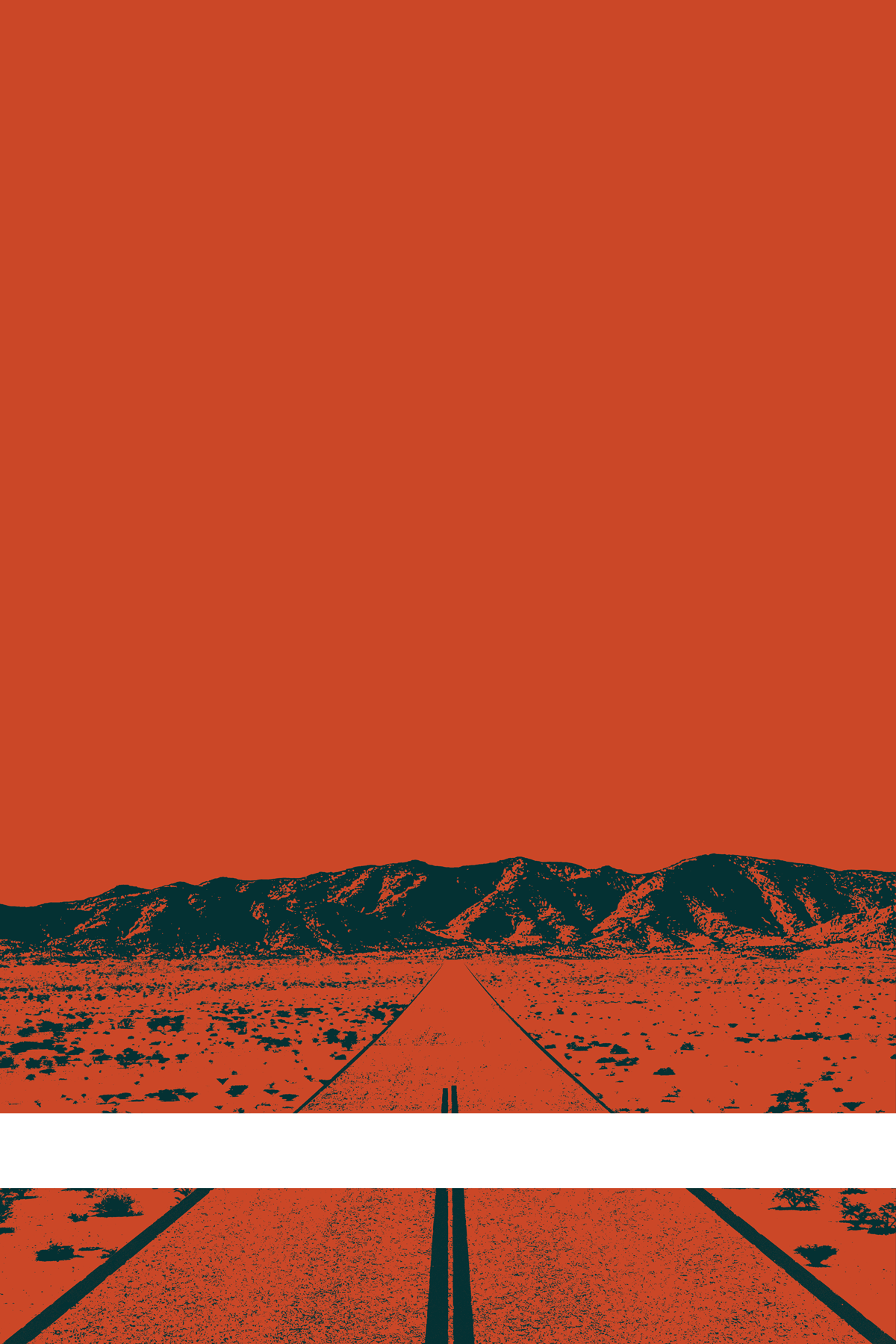 A view of Mercury Valley, Nevada, facing toward the northwest. The composition is rendered in orange and dark gray. A prominent white line stretches across the composition near the bottom of the view.