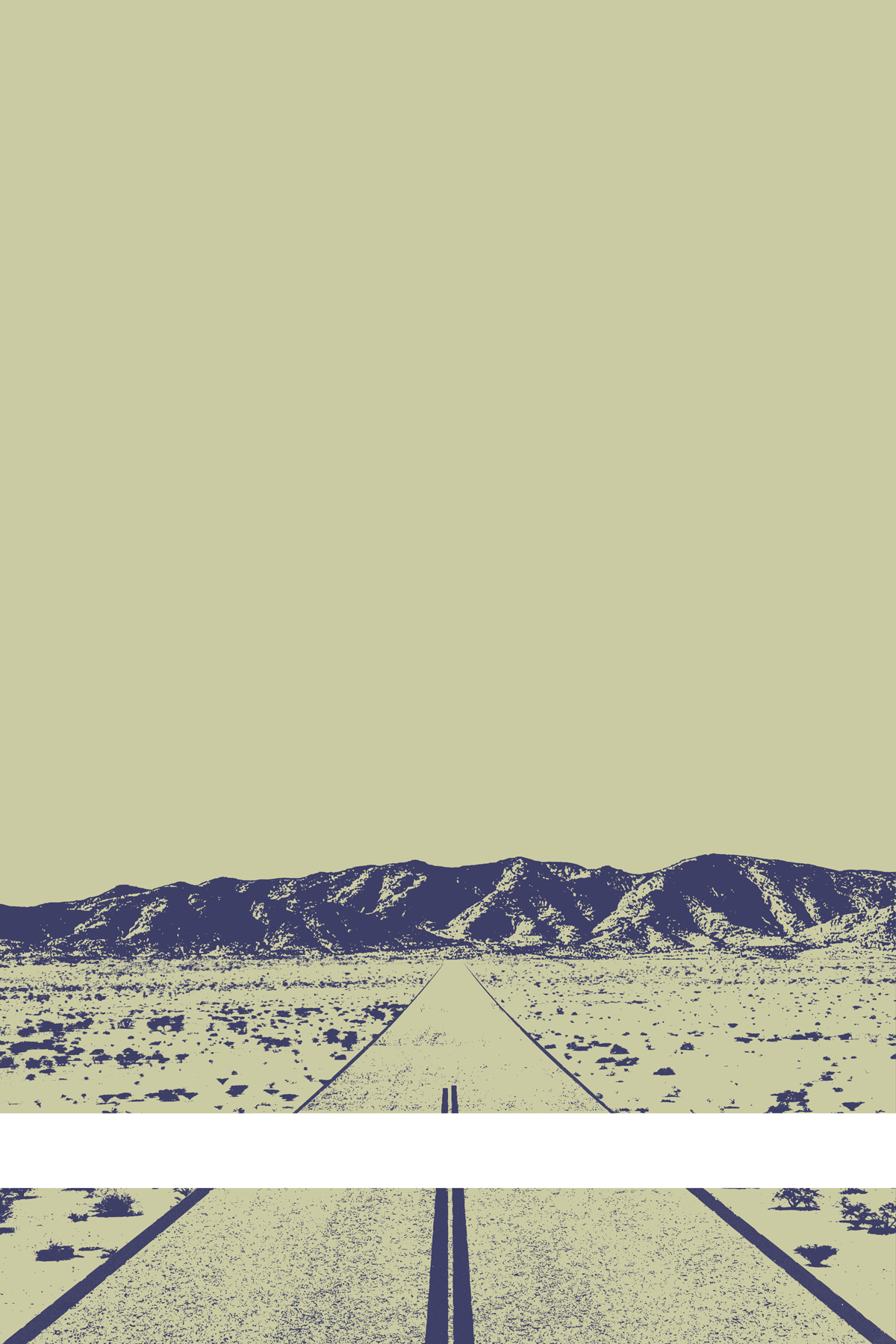 A view of Mercury Valley, Nevada, facing toward the northwest. The composition is rendered in grayish yellow and dark blue. A prominent white line stretches across the composition near the bottom of the view.