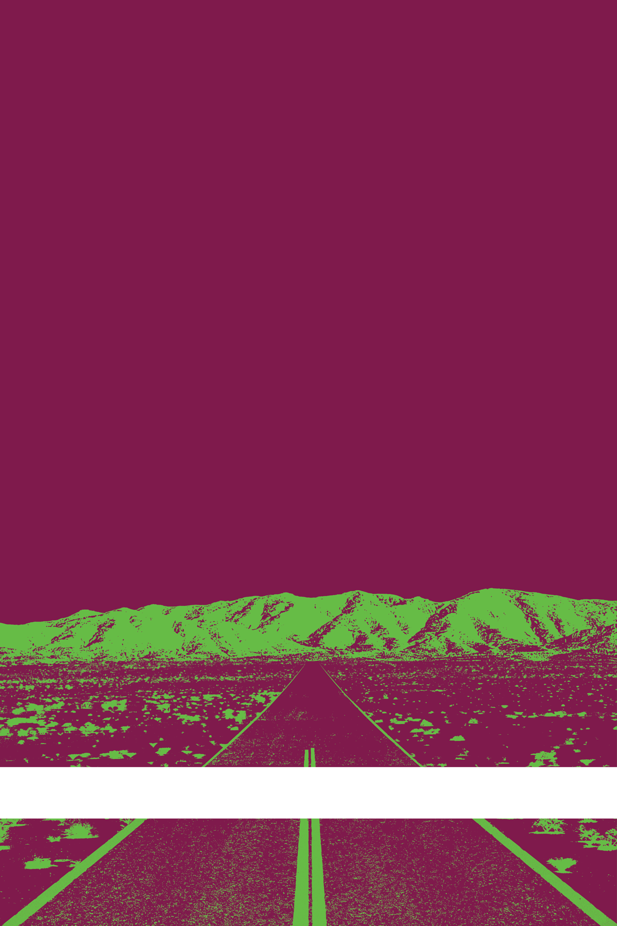 A view of Mercury Valley, Nevada, facing toward the northwest. The composition is rendered in dark purple and light geen. A prominent white line stretches across the composition near the bottom of the view.