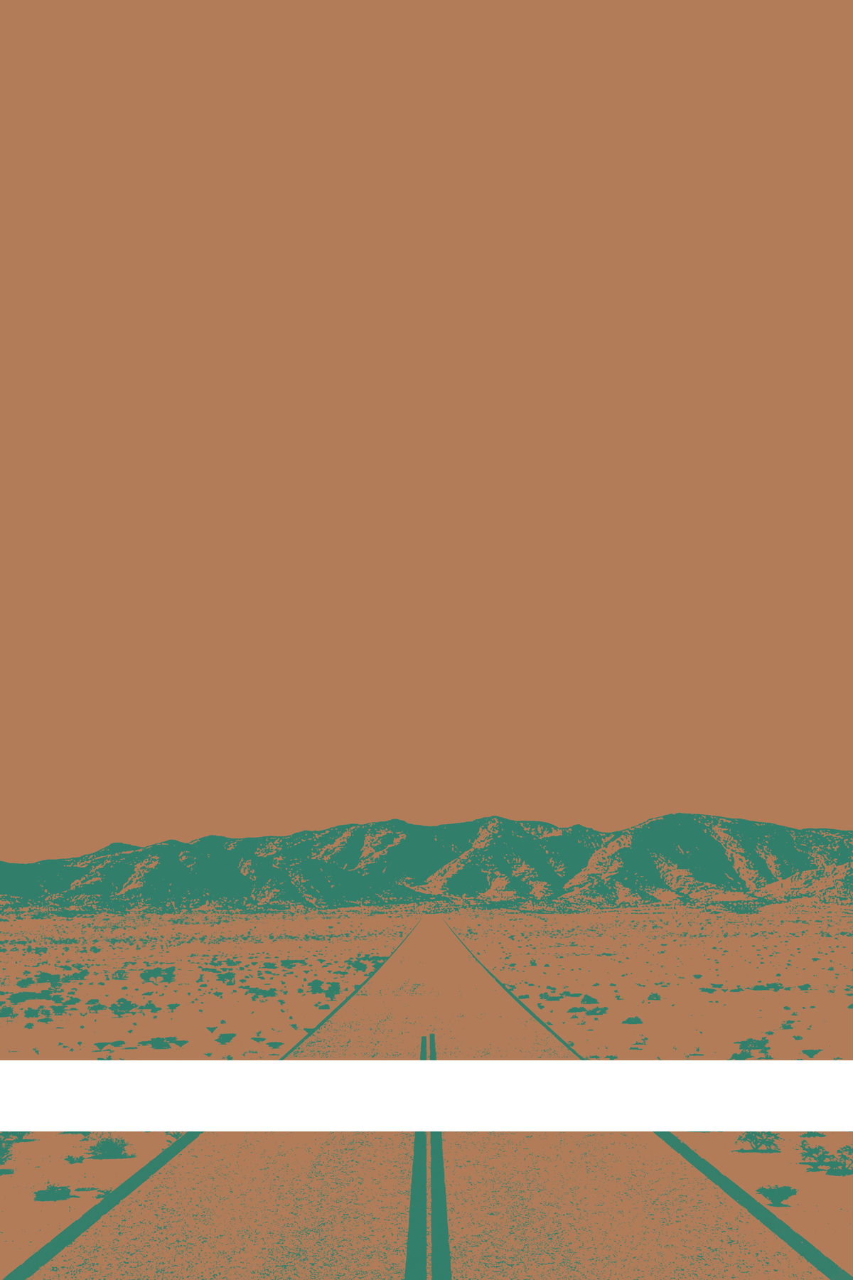 A view of Mercury Valley, Nevada, facing toward the northwest. The composition is rendered in brown and blue-green. A prominent white line stretches across the composition near the bottom of the view.