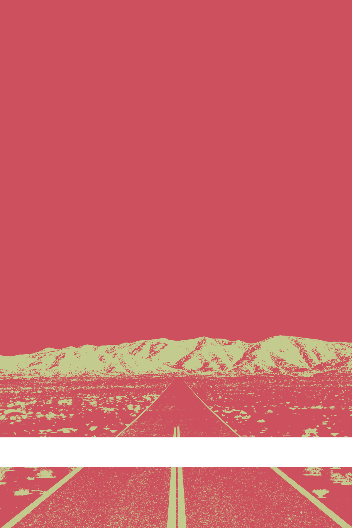 A view of Mercury Valley, Nevada, facing toward the northwest. The composition is rendered in light red and light yellow-green. A prominent white line stretches across the composition near the bottom of the view.