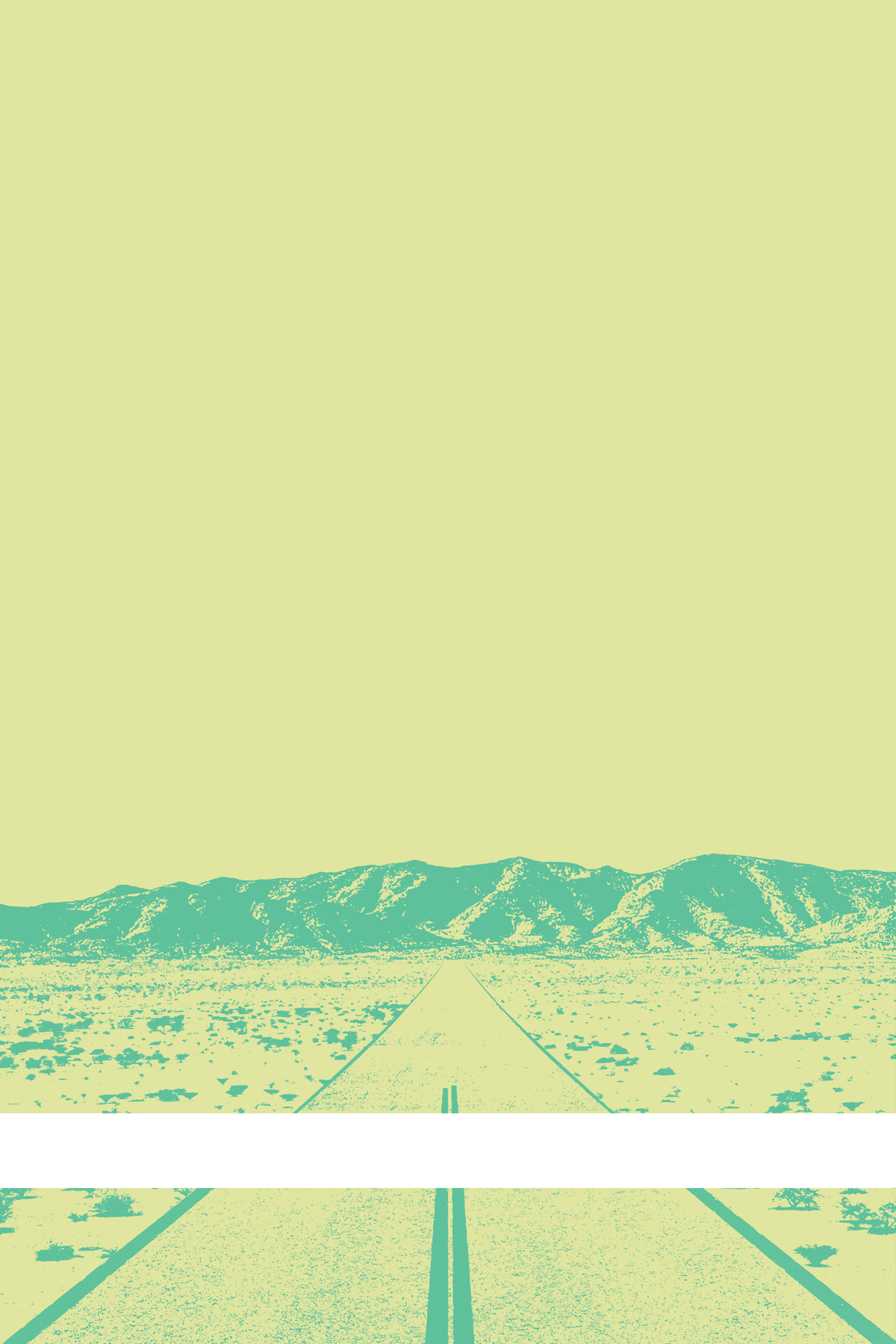 A view of Mercury Valley, Nevada, facing toward the northwest. The composition is rendered in light yellow and light green. A prominent white line stretches across the composition near the bottom of the view.