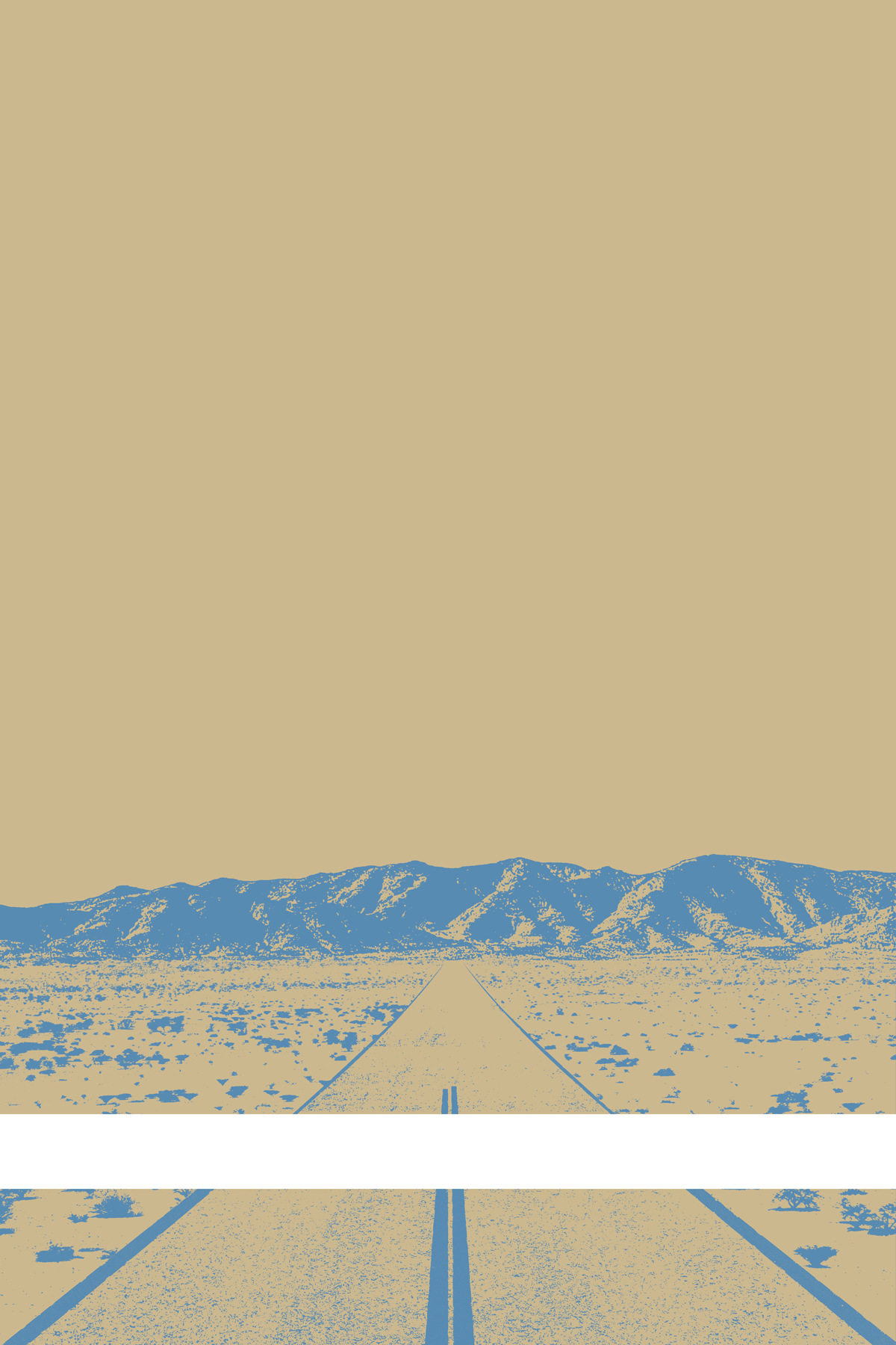 A view of Mercury Valley, Nevada, facing toward the northwest. The composition is rendered in light brown and light blue. A prominent white line stretches across the composition near the bottom of the view.