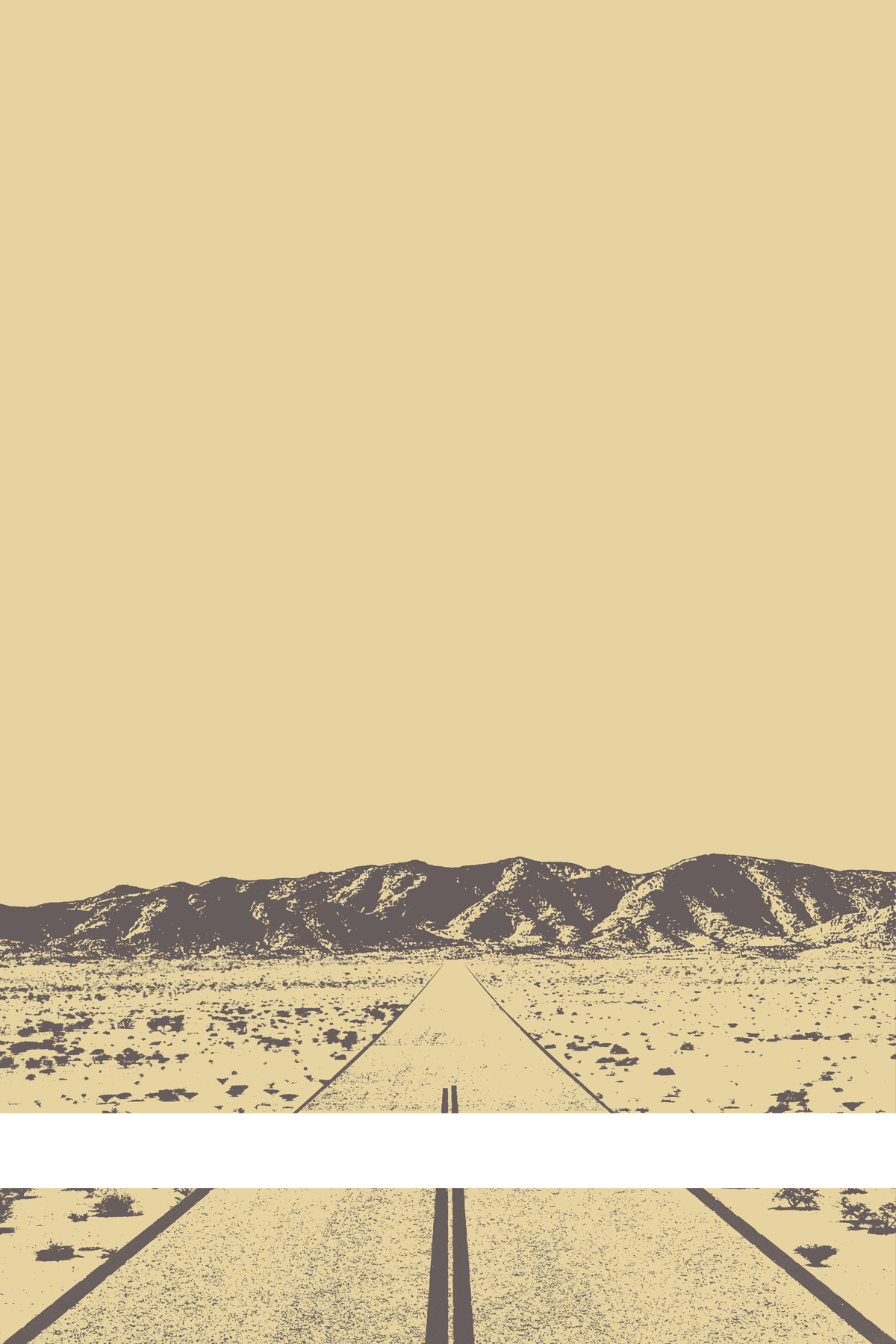 A view of Mercury Valley, Nevada, facing toward the northwest. The composition is rendered in light brown and gray. A prominent white line stretches across the composition near the bottom of the view.