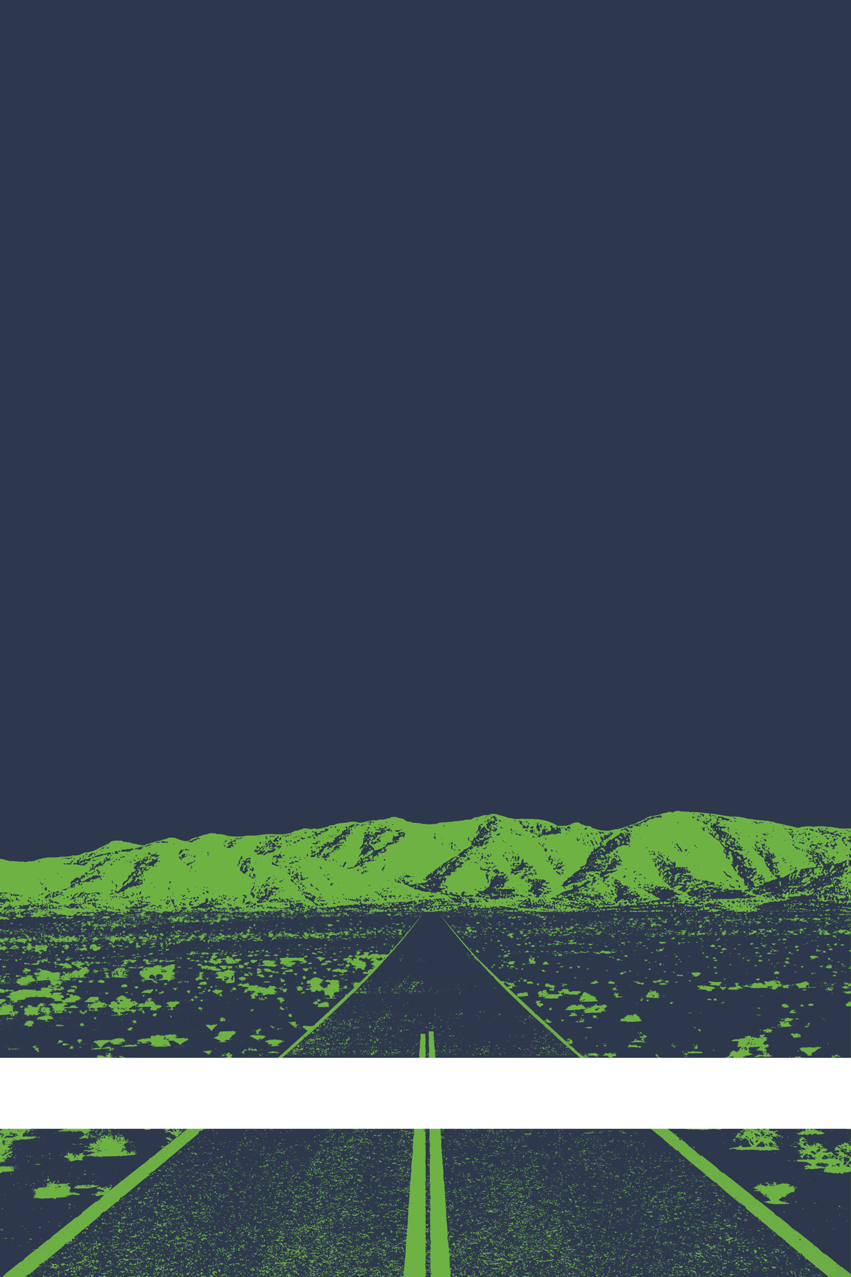A view of Mercury Valley, Nevada, facing toward the northwest. The composition is rendered in dark blue and green. A prominent white line stretches across the composition near the bottom of the view.