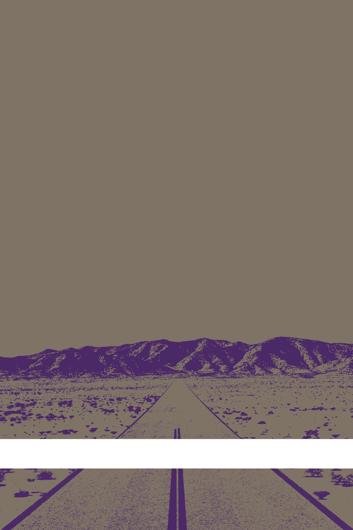 A view of Mercury Valley, Nevada, facing toward the northwest. The composition is rendered in gray and purple. A prominent white line stretches across the composition near the bottom of the view.