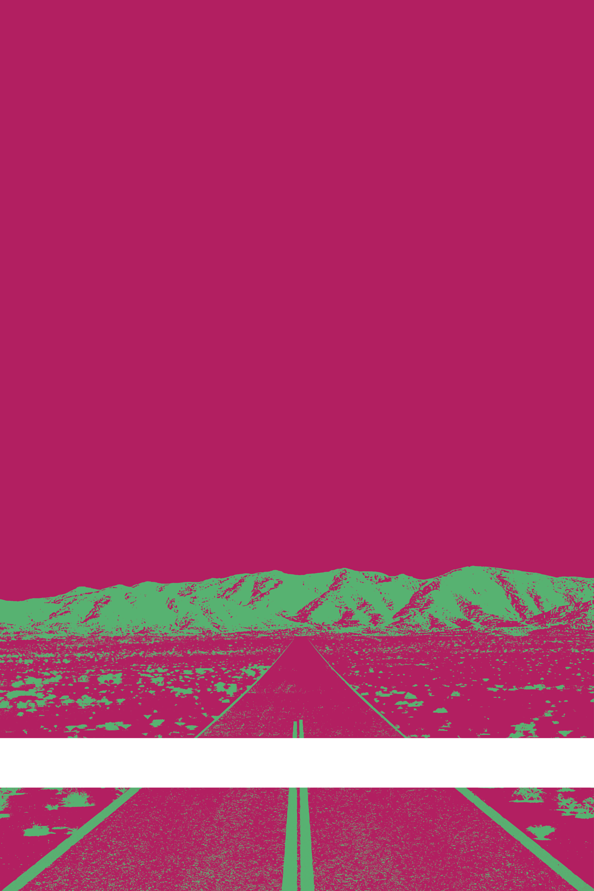 A view of Mercury Valley, Nevada, facing toward the northwest. The composition is rendered in pink and light green. A prominent white line stretches across the composition near the bottom of the view.