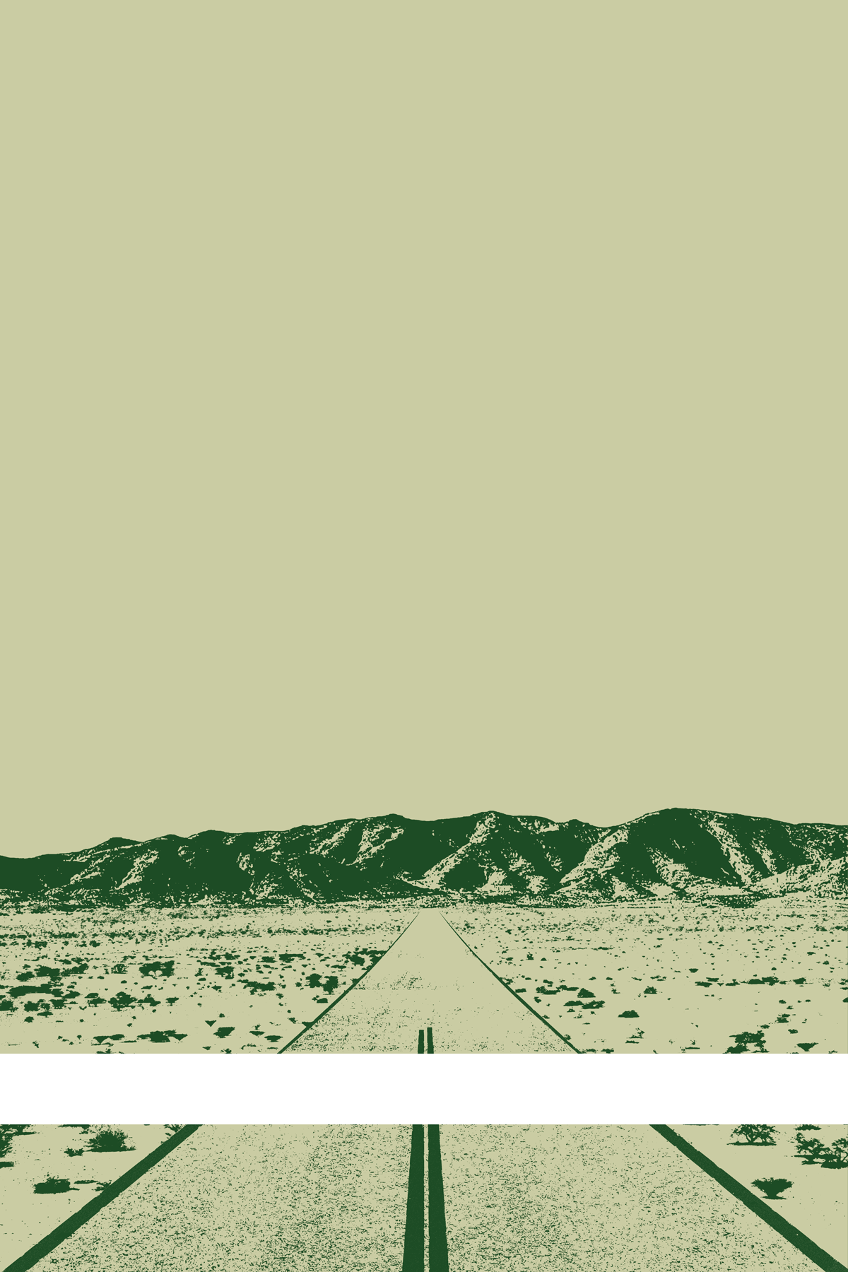 A view of Mercury Valley, Nevada, facing toward the northwest. The composition is rendered in light grayish yellow and dark green. A prominent white line stretches across the composition near the bottom of the view.