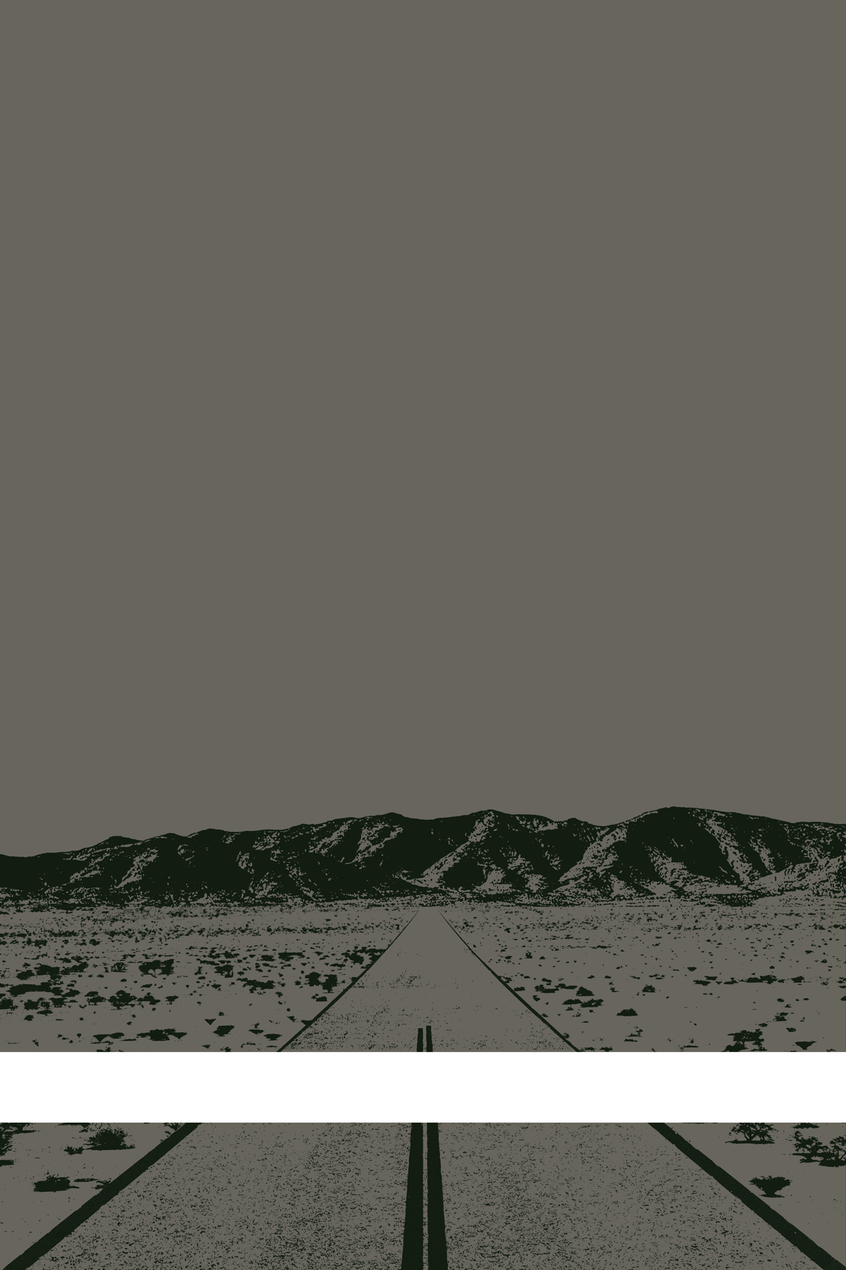 A view of Mercury Valley, Nevada, facing toward the northwest. The composition is rendered in gray and dark gray. A prominent white line stretches across the composition near the bottom of the view.