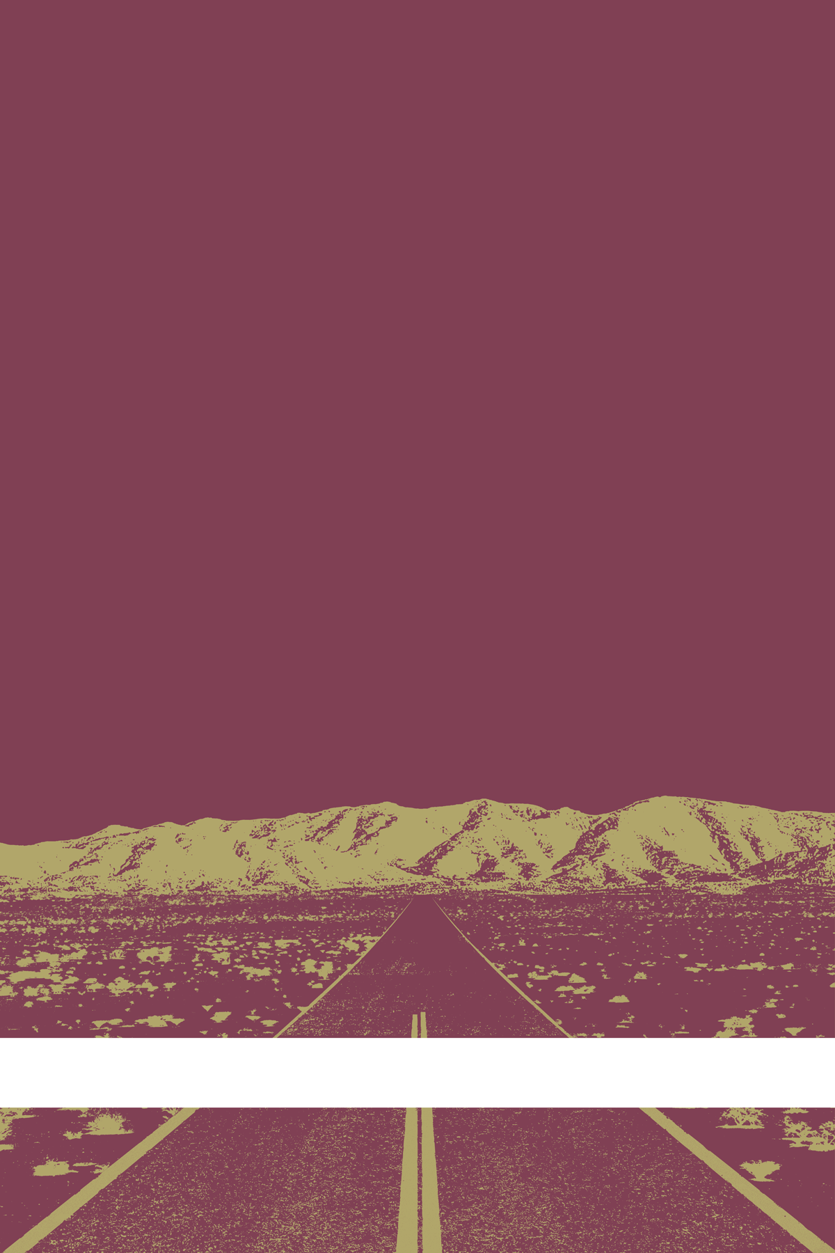 A view of Mercury Valley, Nevada, facing toward the northwest. The composition is rendered in reddish-purple and light yellow. A prominent white line stretches across the composition near the bottom of the view.