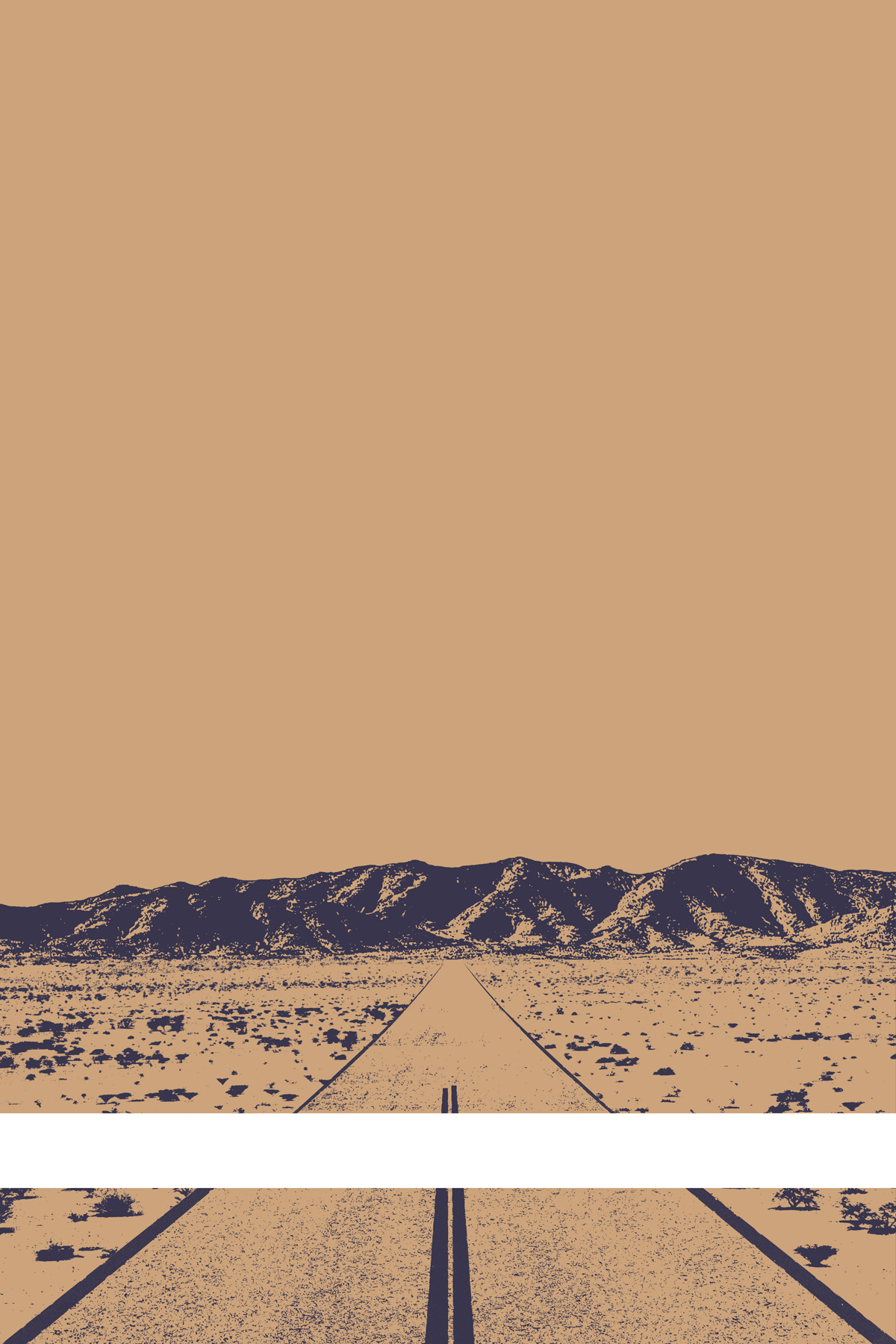 A view of Mercury Valley, Nevada, facing toward the northwest. The composition is rendered in light brown and dark blue. A prominent white line stretches across the composition near the bottom of the view.