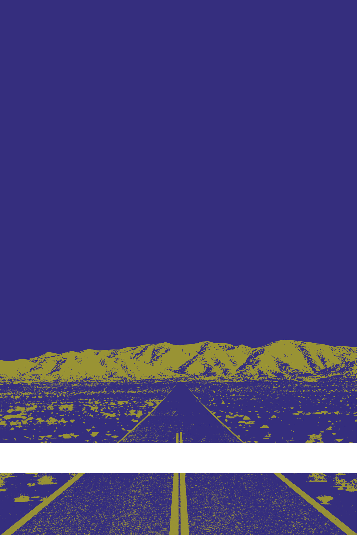 A view of Mercury Valley, Nevada, facing toward the northwest. The composition is rendered in blue and dark yellow. A prominent white line stretches across the composition near the bottom of the view.