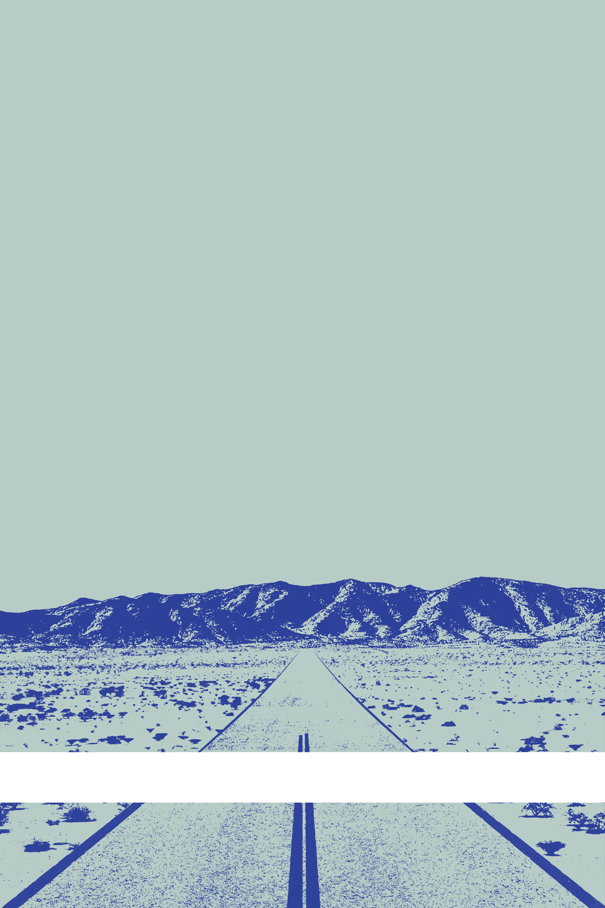 A view of Mercury Valley, Nevada, facing toward the northwest. The composition is rendered in light grayish blue and blue. A prominent white line stretches across the composition near the bottom of the view.