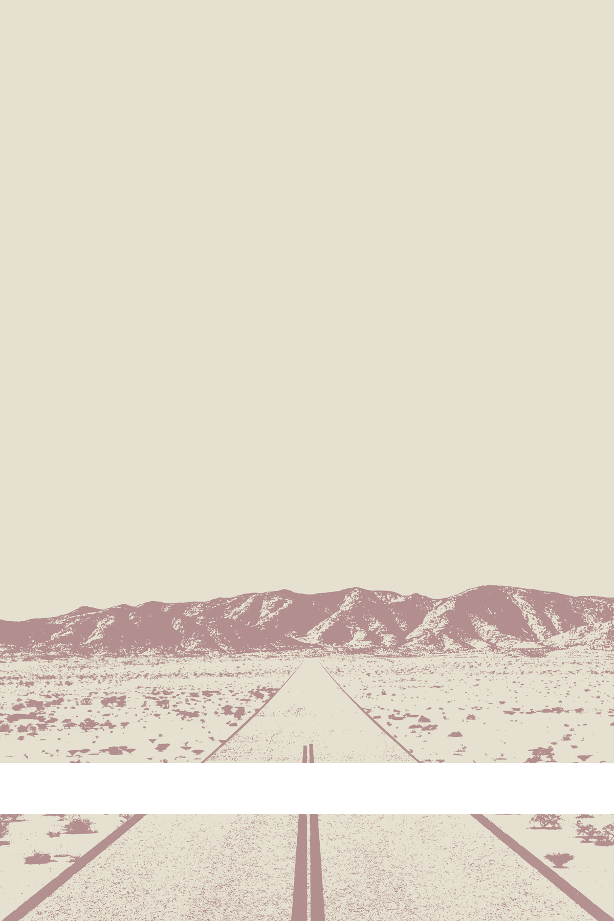 A view of Mercury Valley, Nevada, facing toward the northwest. The composition is rendered in off-white and reddish gray. A prominent white line stretches across the composition near the bottom of the view.