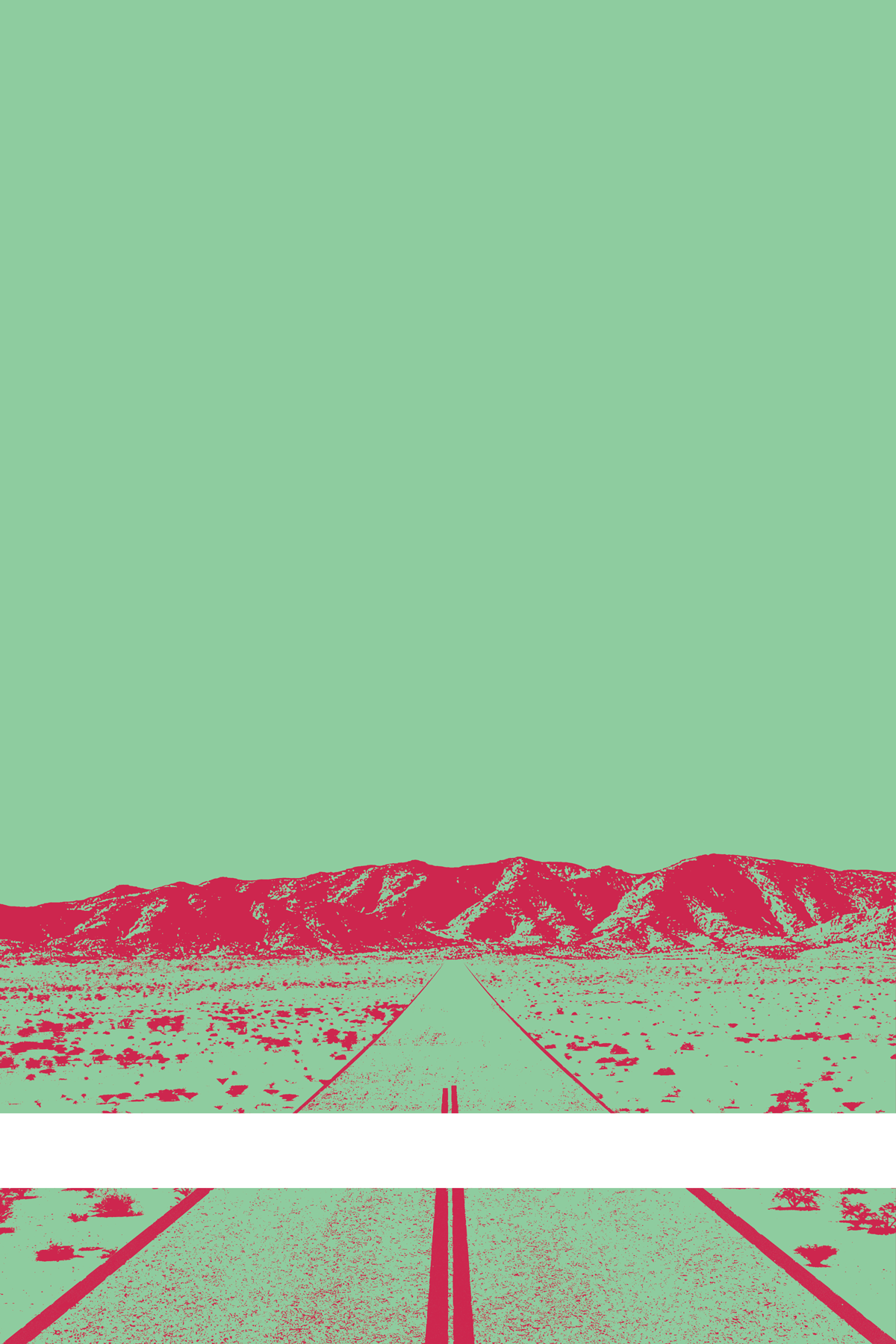 A view of Mercury Valley, Nevada, facing toward the northwest. The composition is rendered in light green and red. A prominent white line stretches across the composition near the bottom of the view.