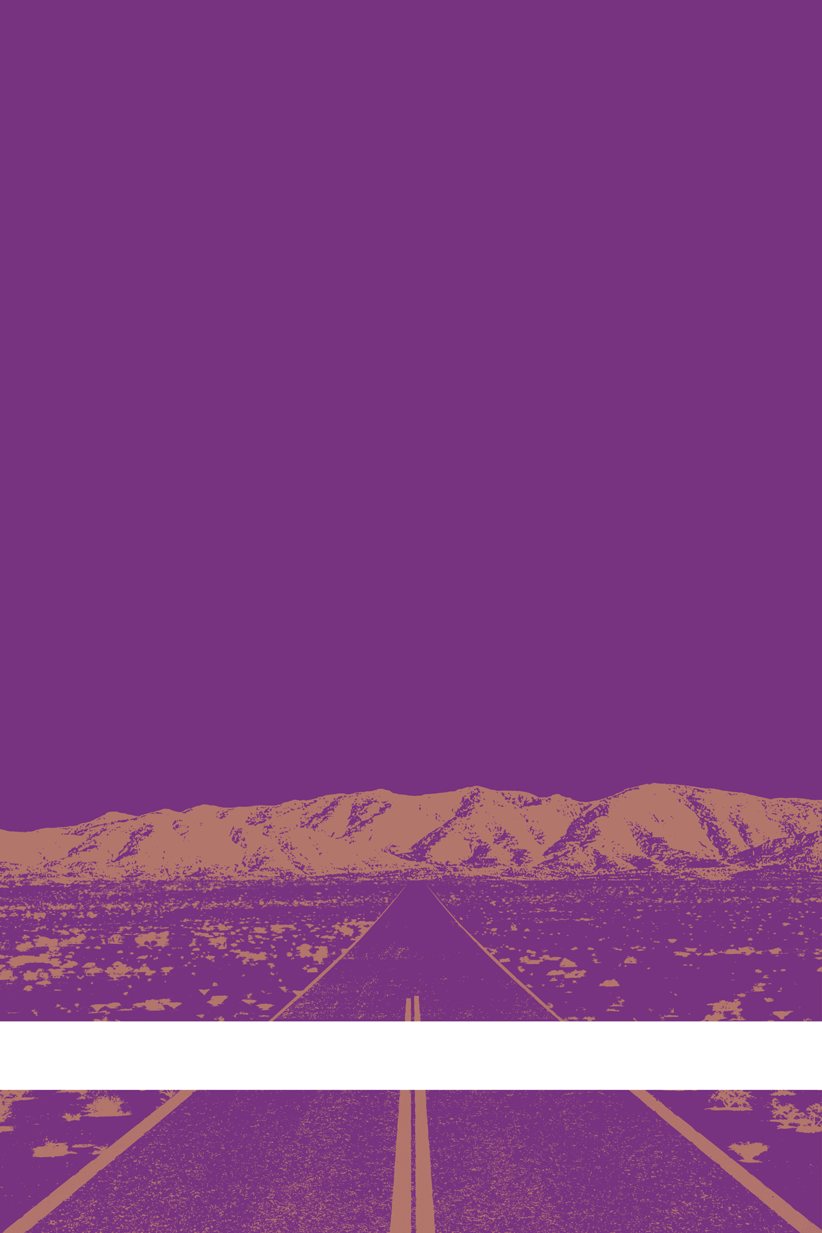 A view of Mercury Valley, Nevada, facing toward the northwest. The composition is rendered in purple and pale orange. A prominent white line stretches across the composition near the bottom of the view.