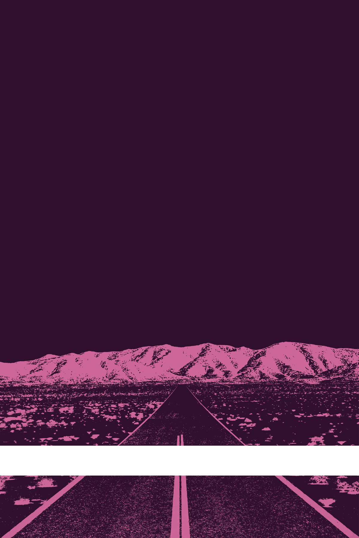 A view of Mercury Valley, Nevada, facing toward the northwest. The composition is rendered in dark purple and light pink. A prominent white line stretches across the composition near the bottom of the view.