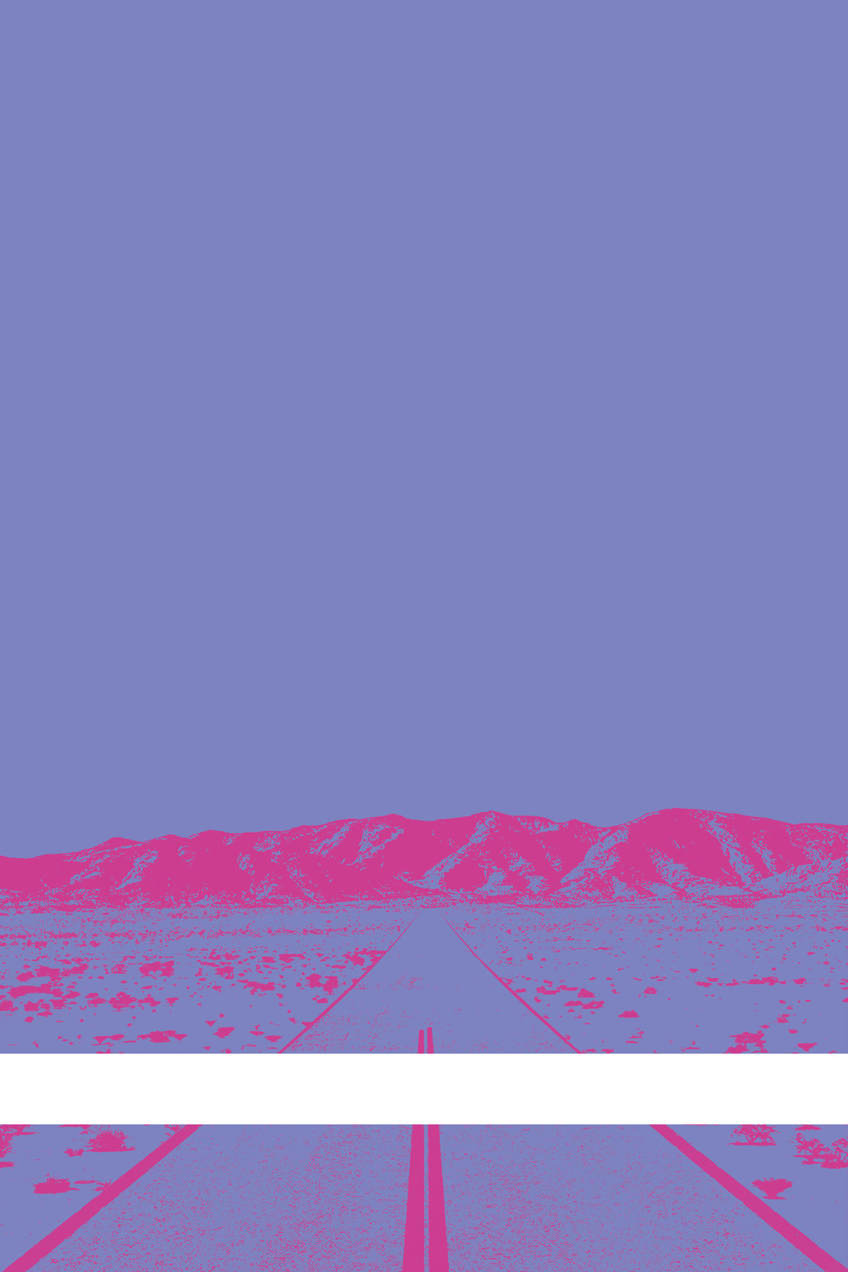 A view of Mercury Valley, Nevada, facing toward the northwest. The composition is rendered in light blue and pink. A prominent white line stretches across the composition near the bottom of the view.