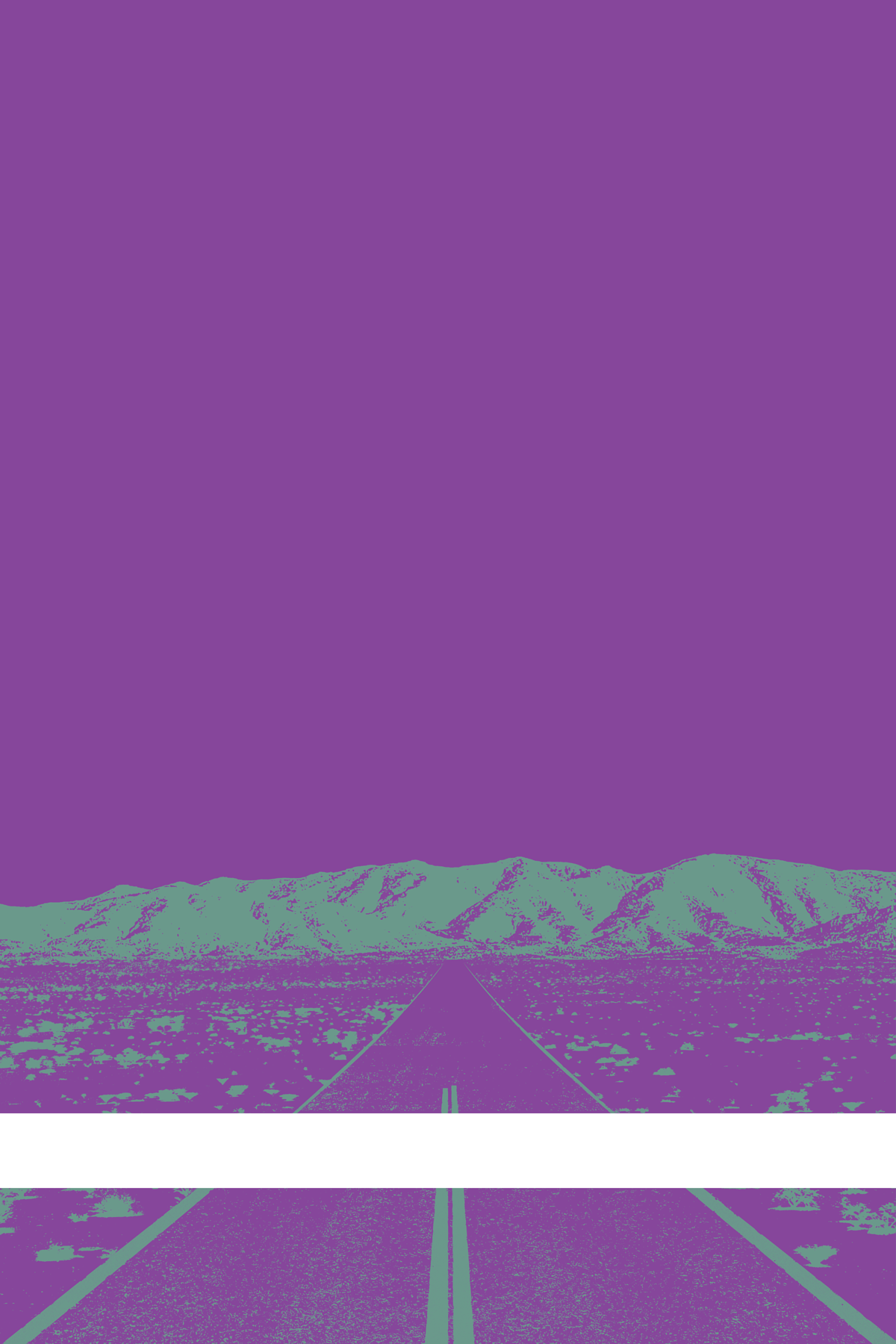 A view of Mercury Valley, Nevada, facing toward the northwest. The composition is rendered in purple and light green. A prominent white line stretches across the composition near the bottom of the view.