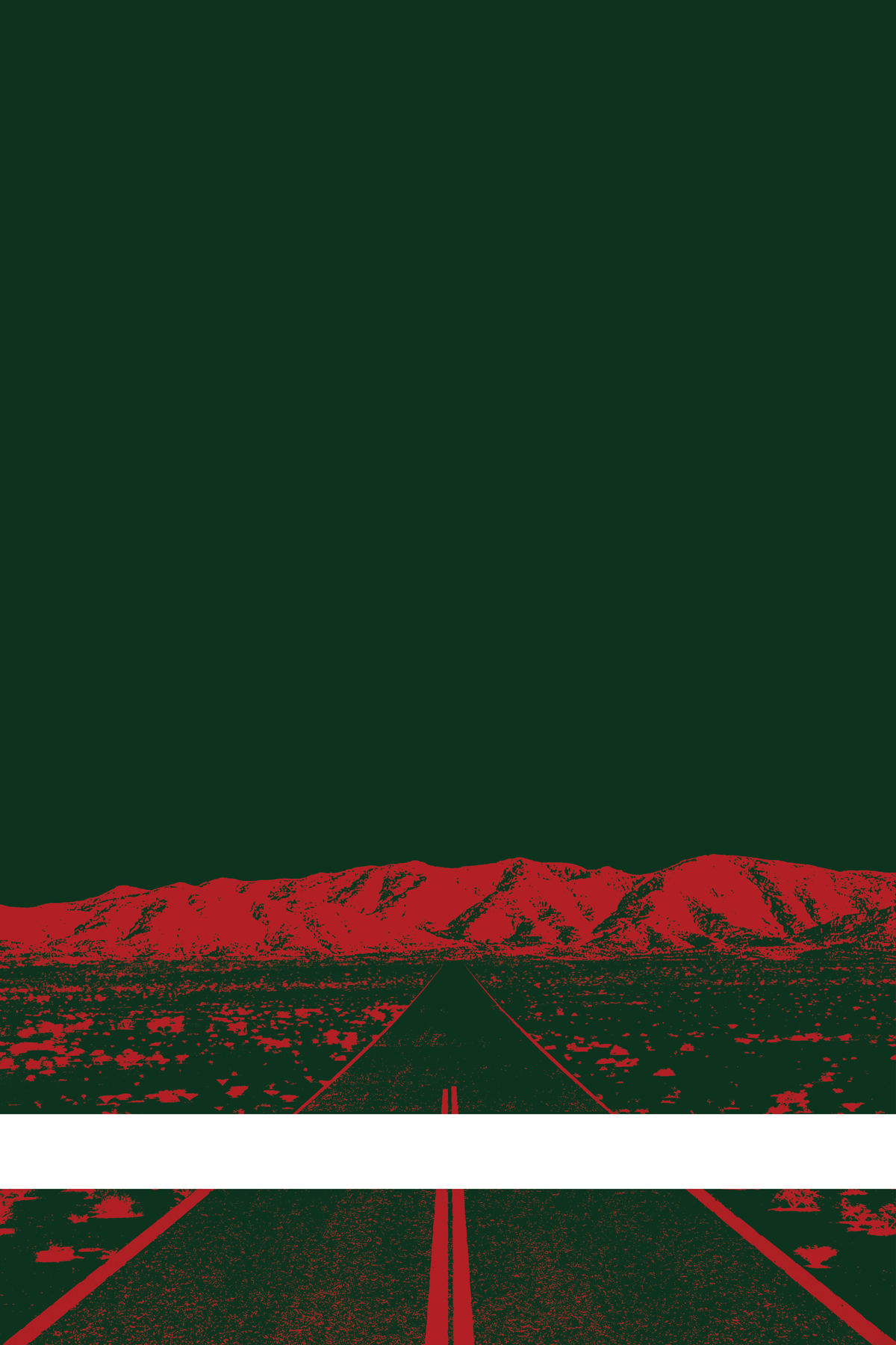 A view of Mercury Valley, Nevada, facing toward the northwest. The composition is rendered in dark green and red. A prominent white line stretches across the composition near the bottom of the view.