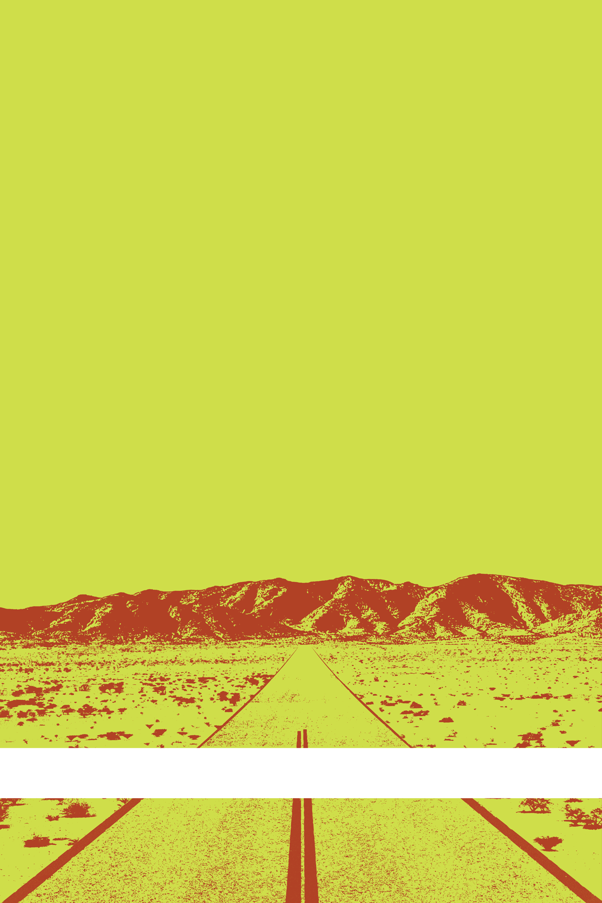 A view of Mercury Valley, Nevada, facing toward the northwest. The composition is rendered in yellow-green and brown. A prominent white line stretches across the composition near the bottom of the view.