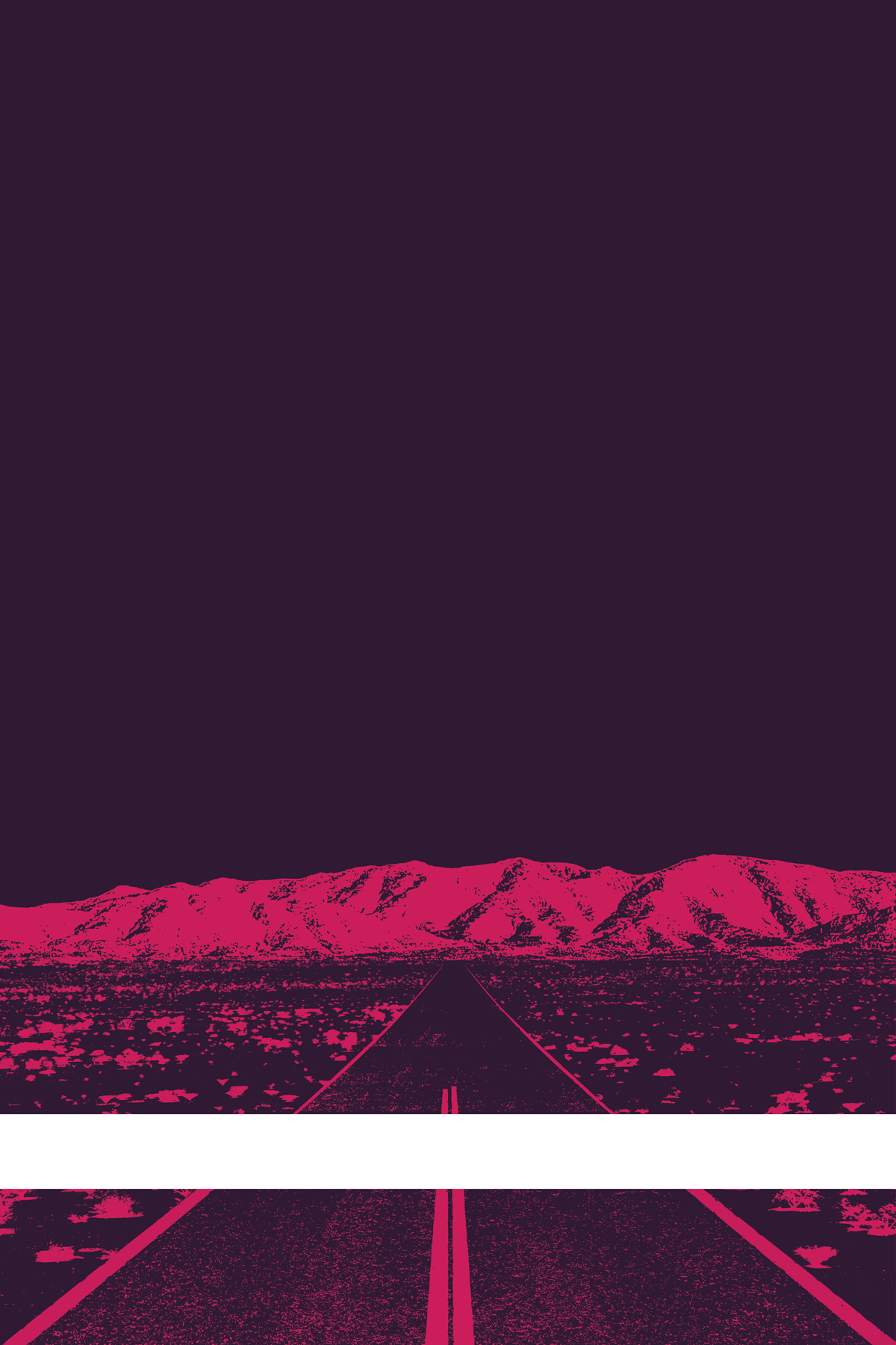 A view of Mercury Valley, Nevada, facing toward the northwest. The composition is rendered in purple and pink. A prominent white line stretches across the composition near the bottom of the view.