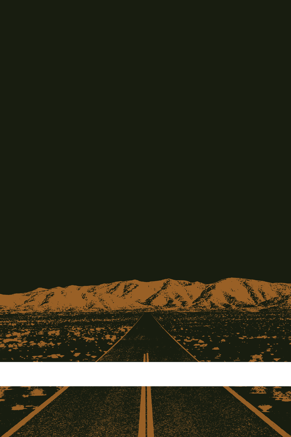 A view of Mercury Valley, Nevada, facing toward the northwest. The composition is rendered in dark green and brown. A prominent white line stretches across the composition near the bottom of the view.