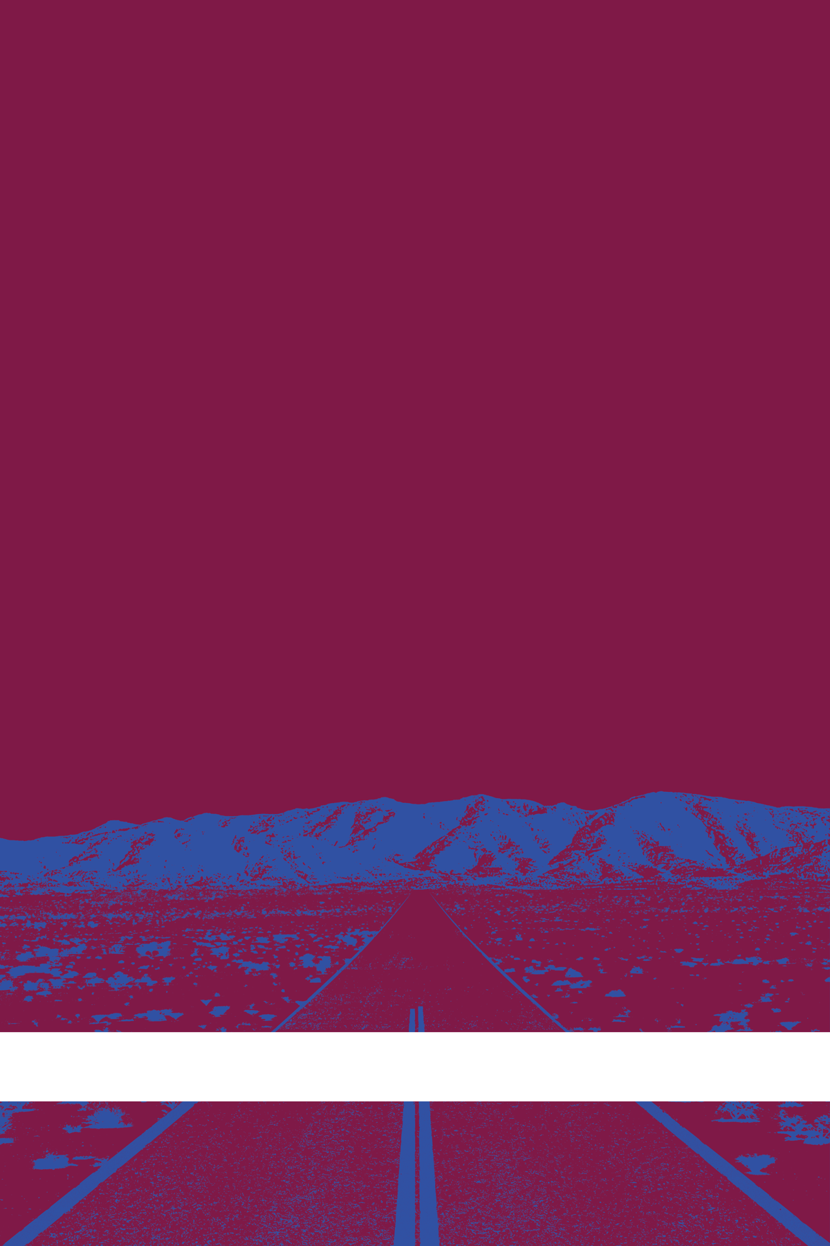 A view of Mercury Valley, Nevada, facing toward the northwest. The composition is rendered in dark red and blue. A prominent white line stretches across the composition near the bottom of the view.