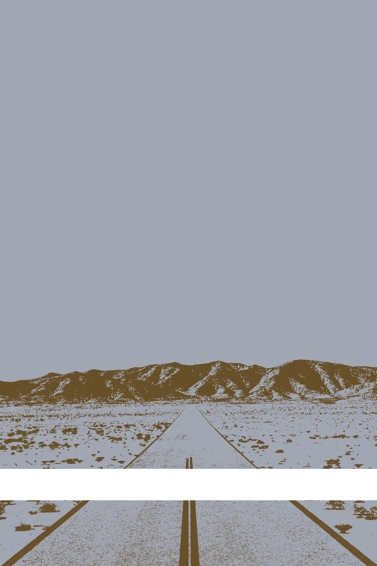 A view of Mercury Valley, Nevada, facing toward the northwest. The composition is rendered in light gray and brown. A prominent white line stretches across the composition near the bottom of the view.