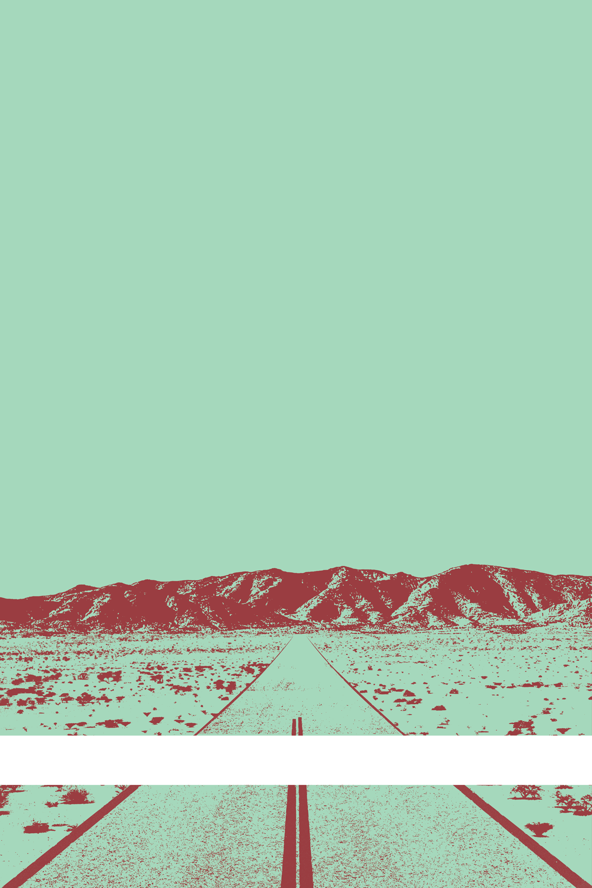 A view of Mercury Valley, Nevada, facing toward the northwest. The composition is rendered in light blue-green and reddish brown. A prominent white line stretches across the composition near the bottom of the view.