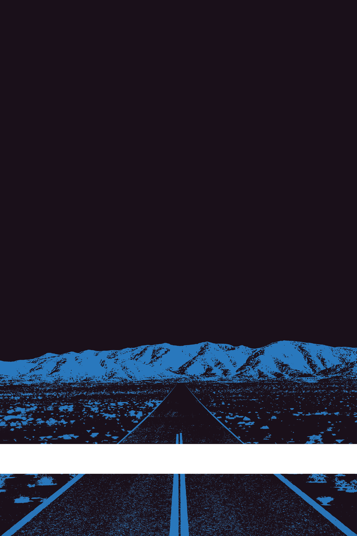 A view of Mercury Valley, Nevada, facing toward the northwest. The composition is rendered in dark purple and blue. A prominent white line stretches across the composition near the bottom of the view.