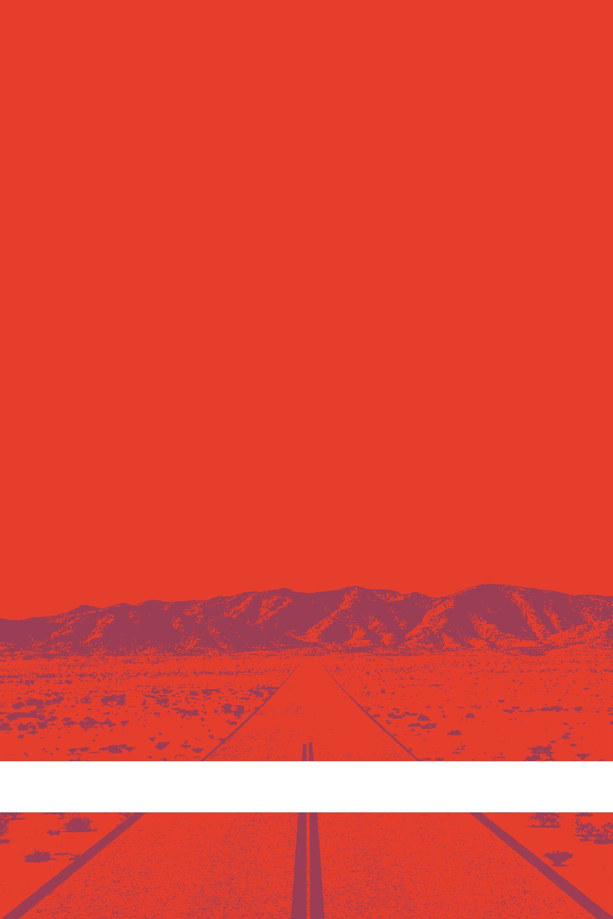 A view of Mercury Valley, Nevada, facing toward the northwest. The composition is rendered in red and light purple. A prominent white line stretches across the composition near the bottom of the view.