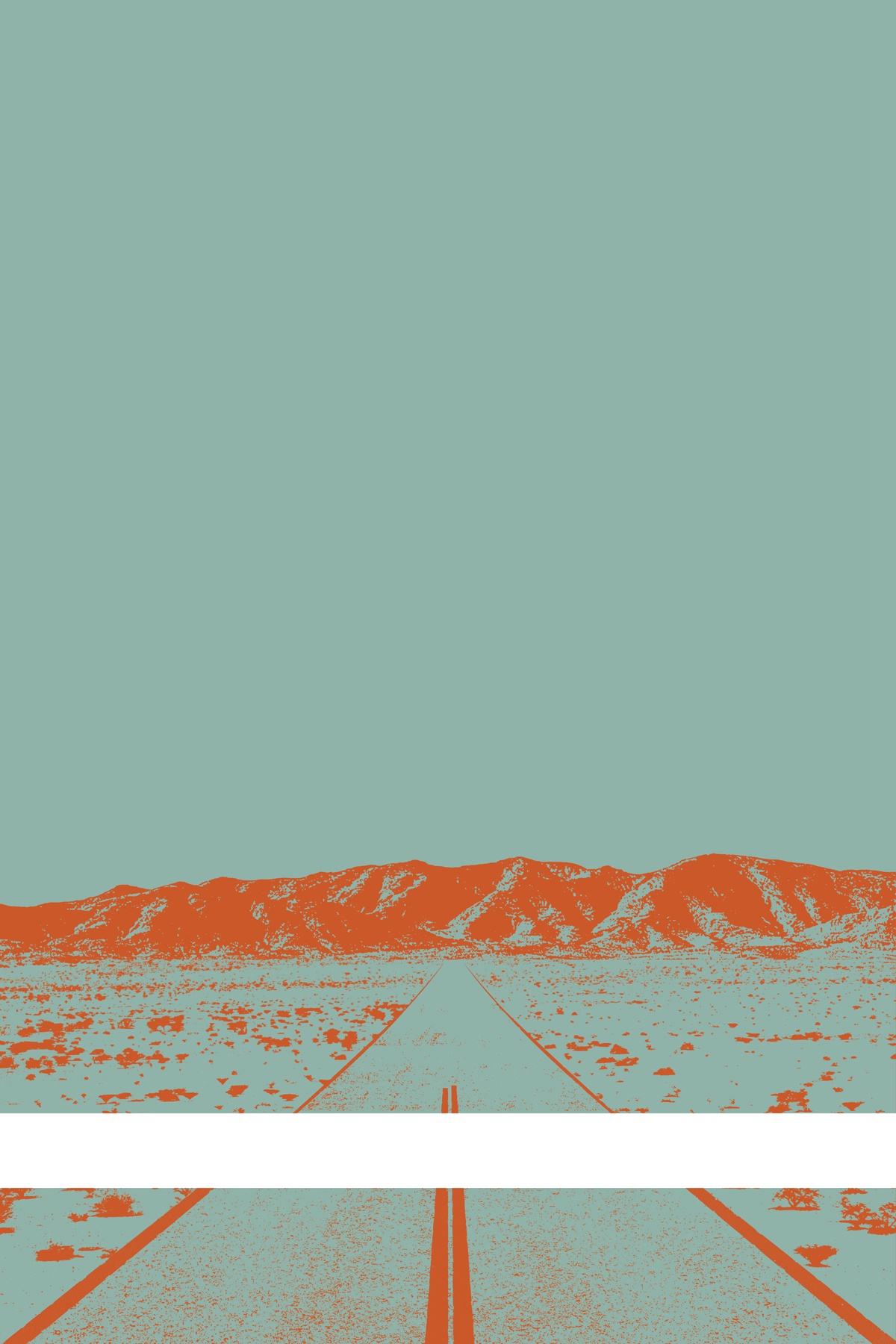 A view of Mercury Valley, Nevada, facing toward the northwest. The composition is rendered in light grayish blue and orange. A prominent white line stretches across the composition near the bottom of the view.