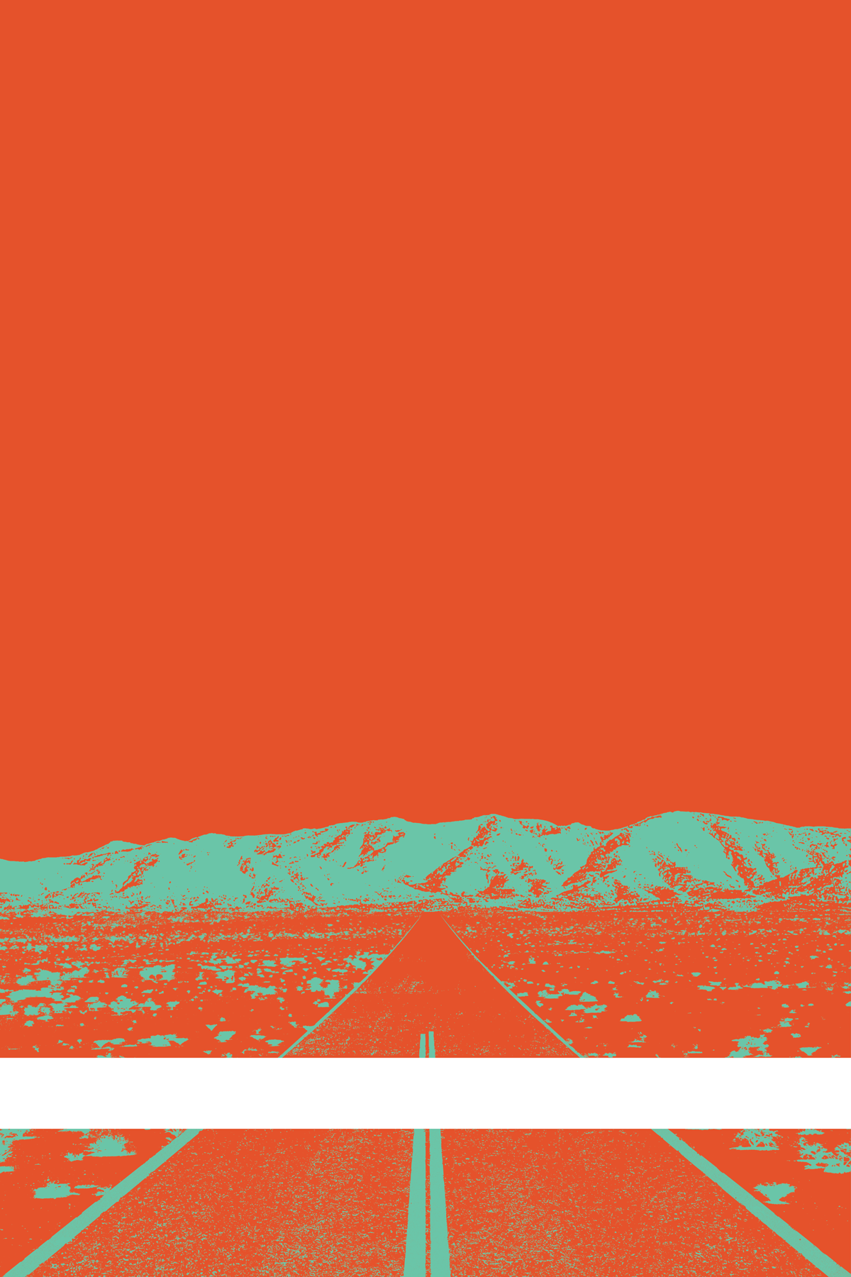 A view of Mercury Valley, Nevada, facing toward the northwest. The composition is rendered in light red and light green. A prominent white line stretches across the composition near the bottom of the view.